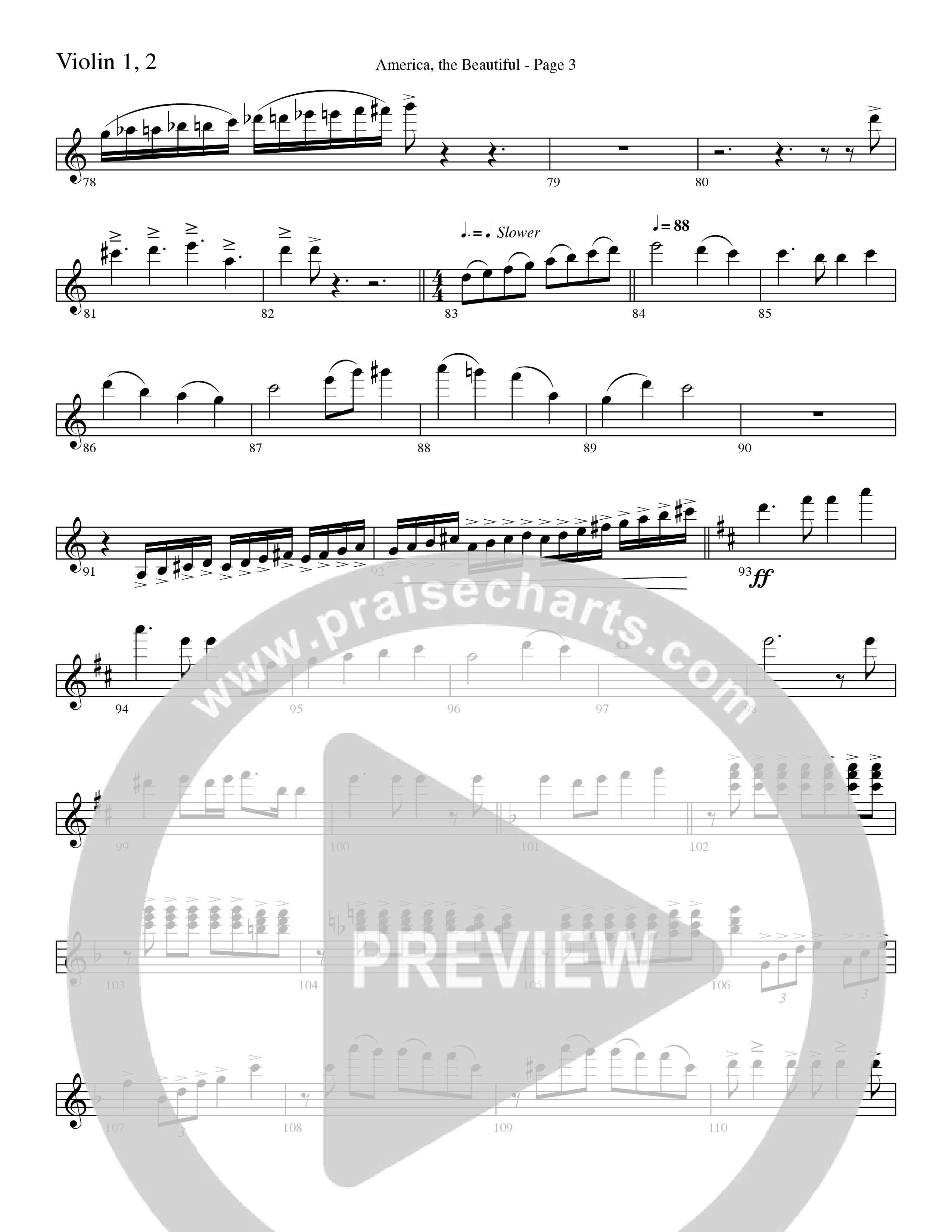America, the Beautiful (Choral Anthem SATB) Violin 1/2 (Word Music Choral / Arr. David T. Clydesdale)