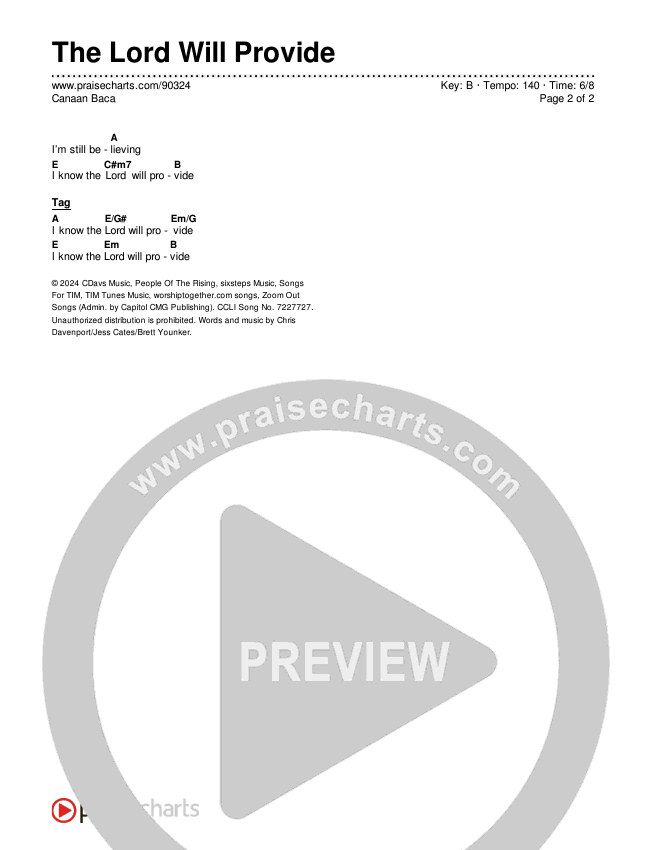 The Lord Will Provide Chords & Lyrics (Canaan Baca)