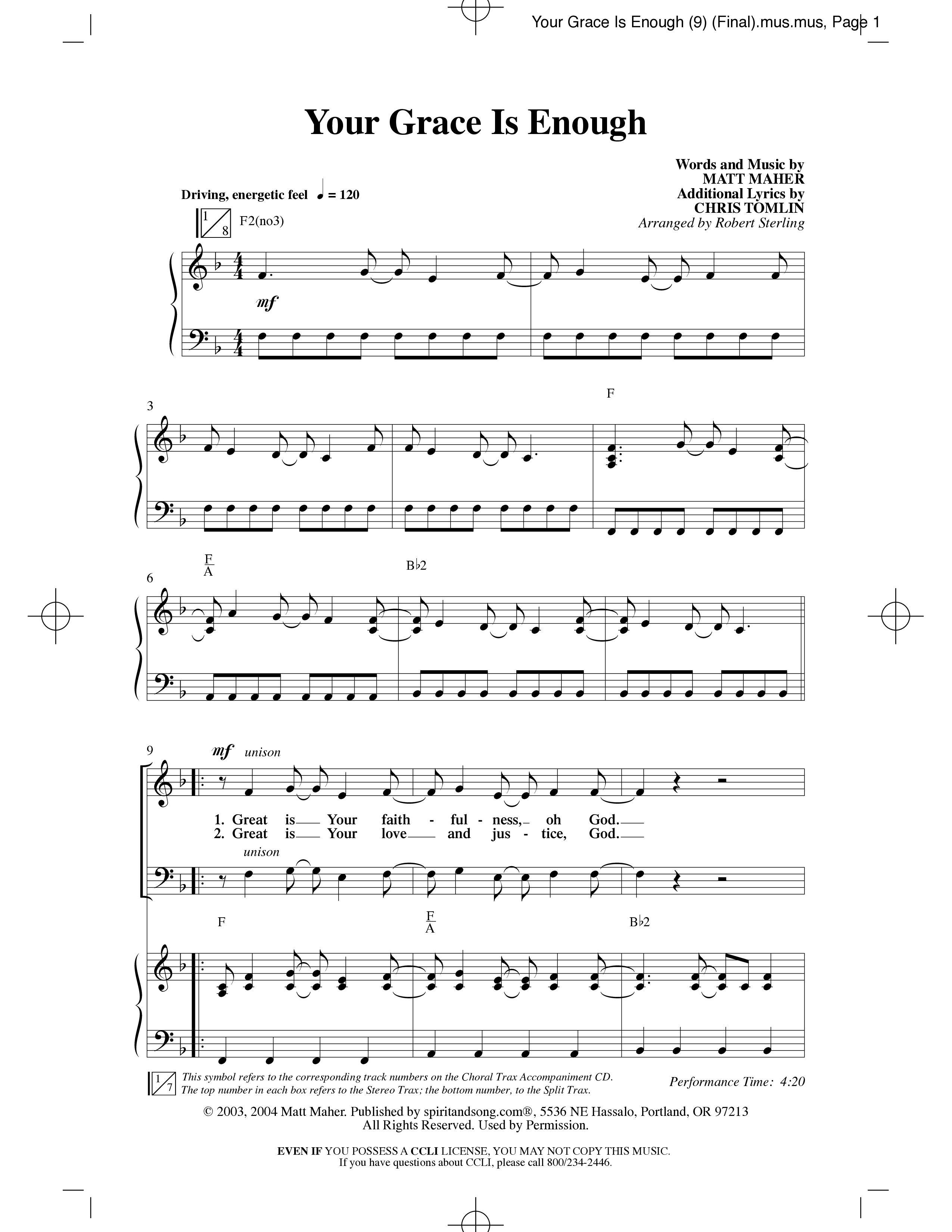 Your Grace Is Enough (Choral Anthem SATB) Anthem (SATB/Piano) (Word Music Choral / Robert Sterling)