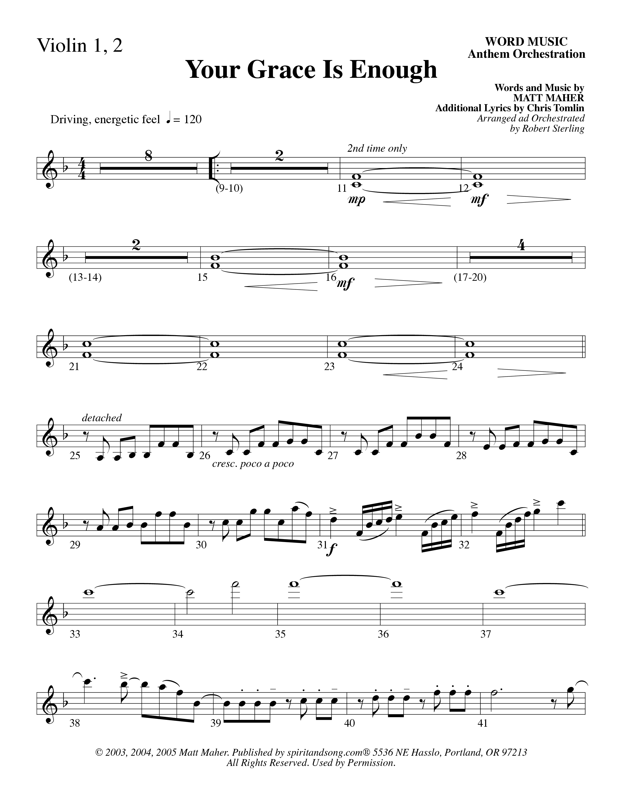 Your Grace Is Enough (Choral Anthem SATB) Violin 1/2 (Word Music Choral / Robert Sterling)