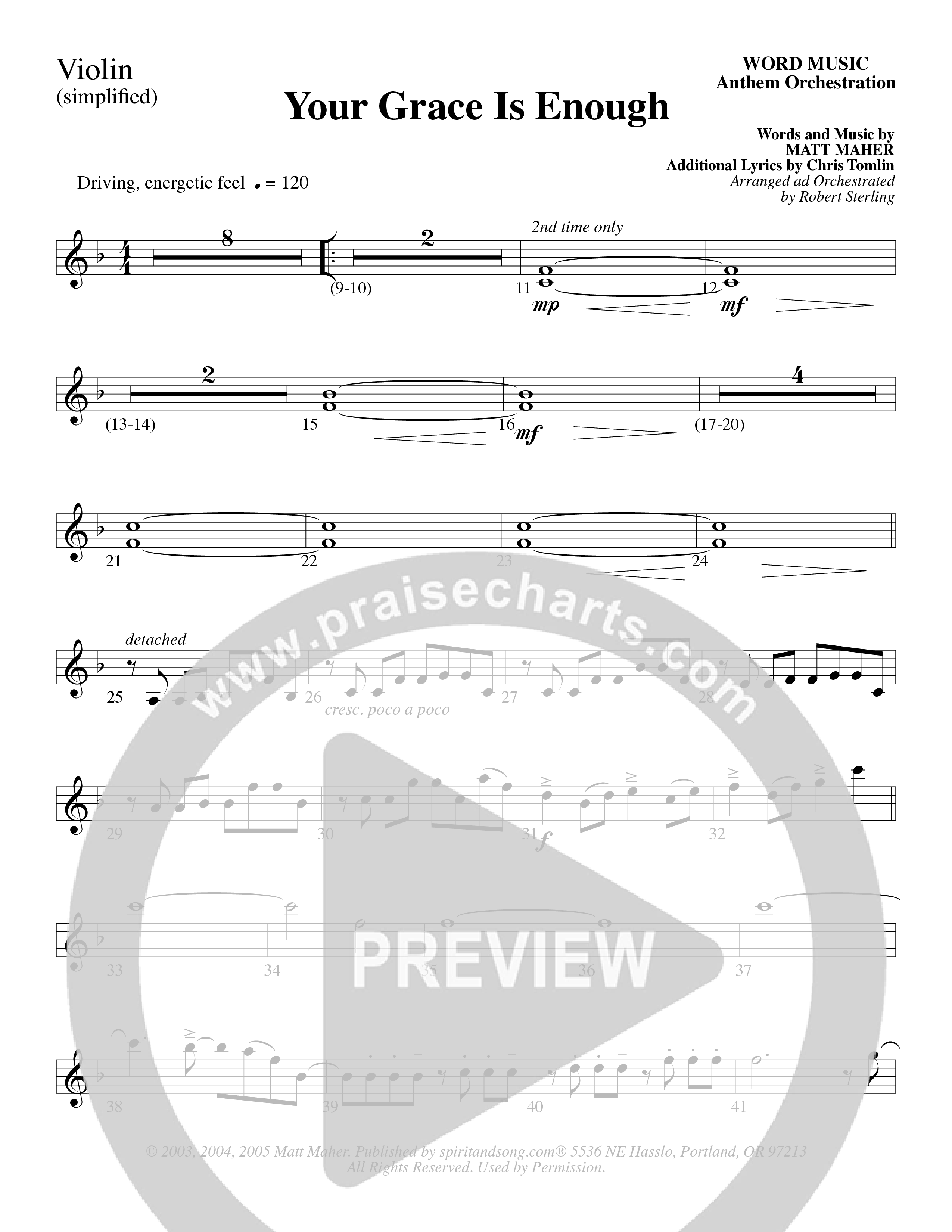 Your Grace Is Enough (Choral Anthem SATB) Violin 1/2 (Word Music Choral / Robert Sterling)