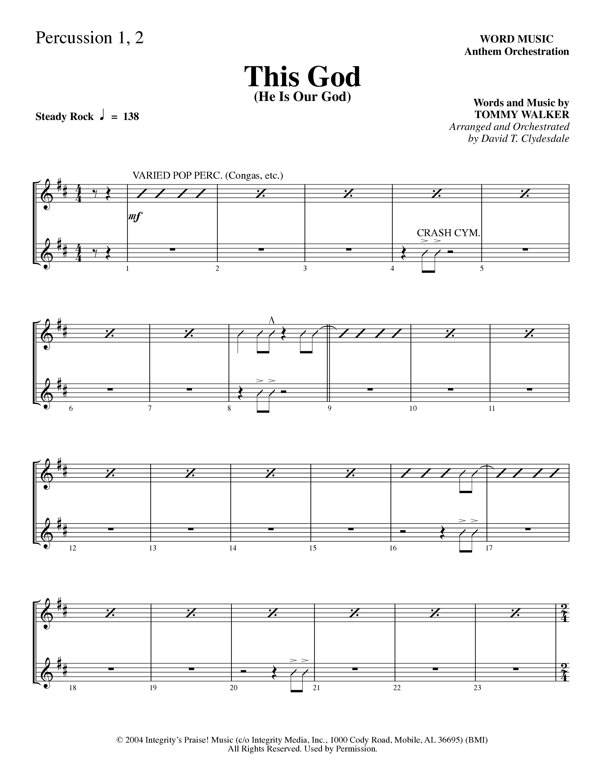 This God (He Is Our God) (Choral Anthem SATB) Percussion (Word Music Choral / Arr. David Clydesdale)