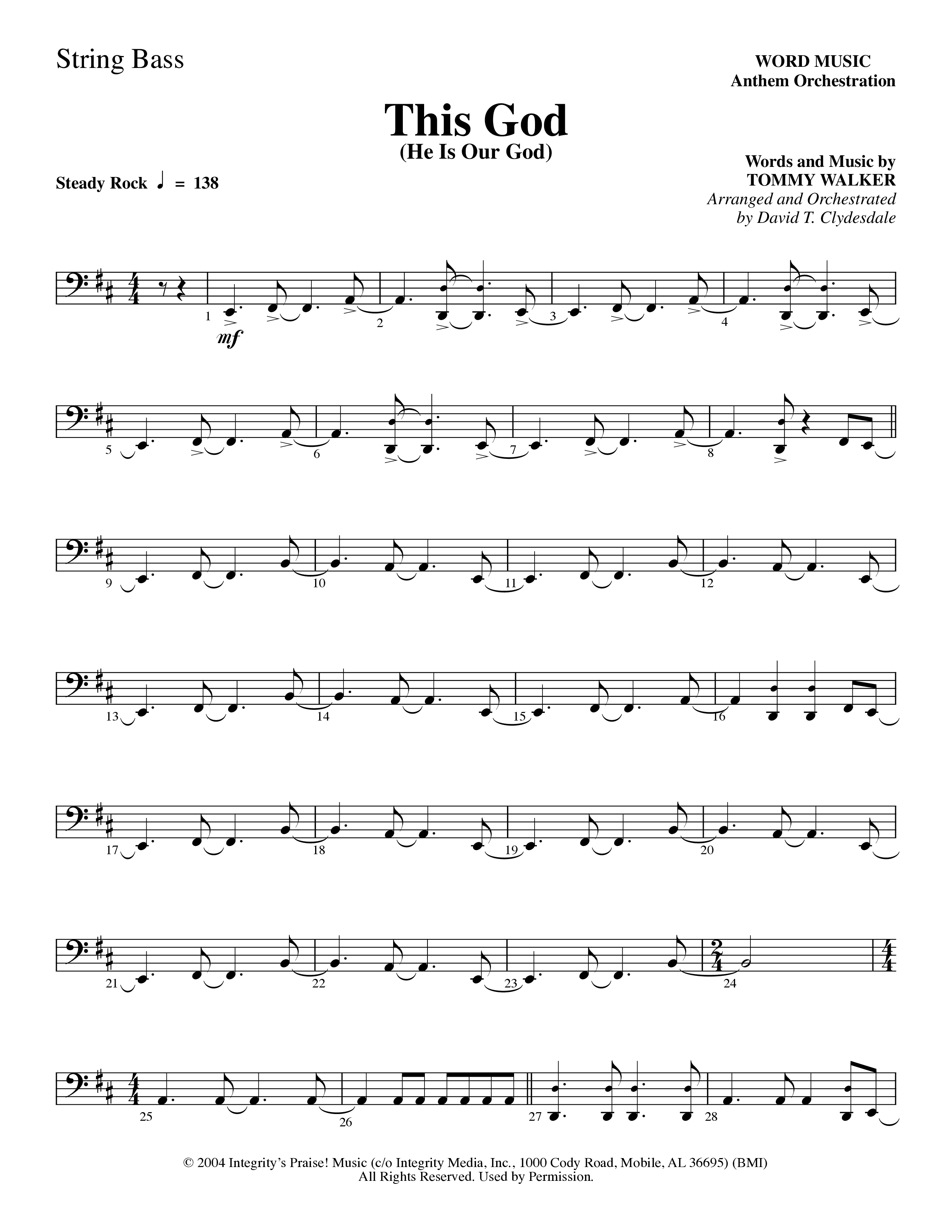 This God (He Is Our God) (Choral Anthem SATB) String Bass (Word Music Choral / Arr. David Clydesdale)