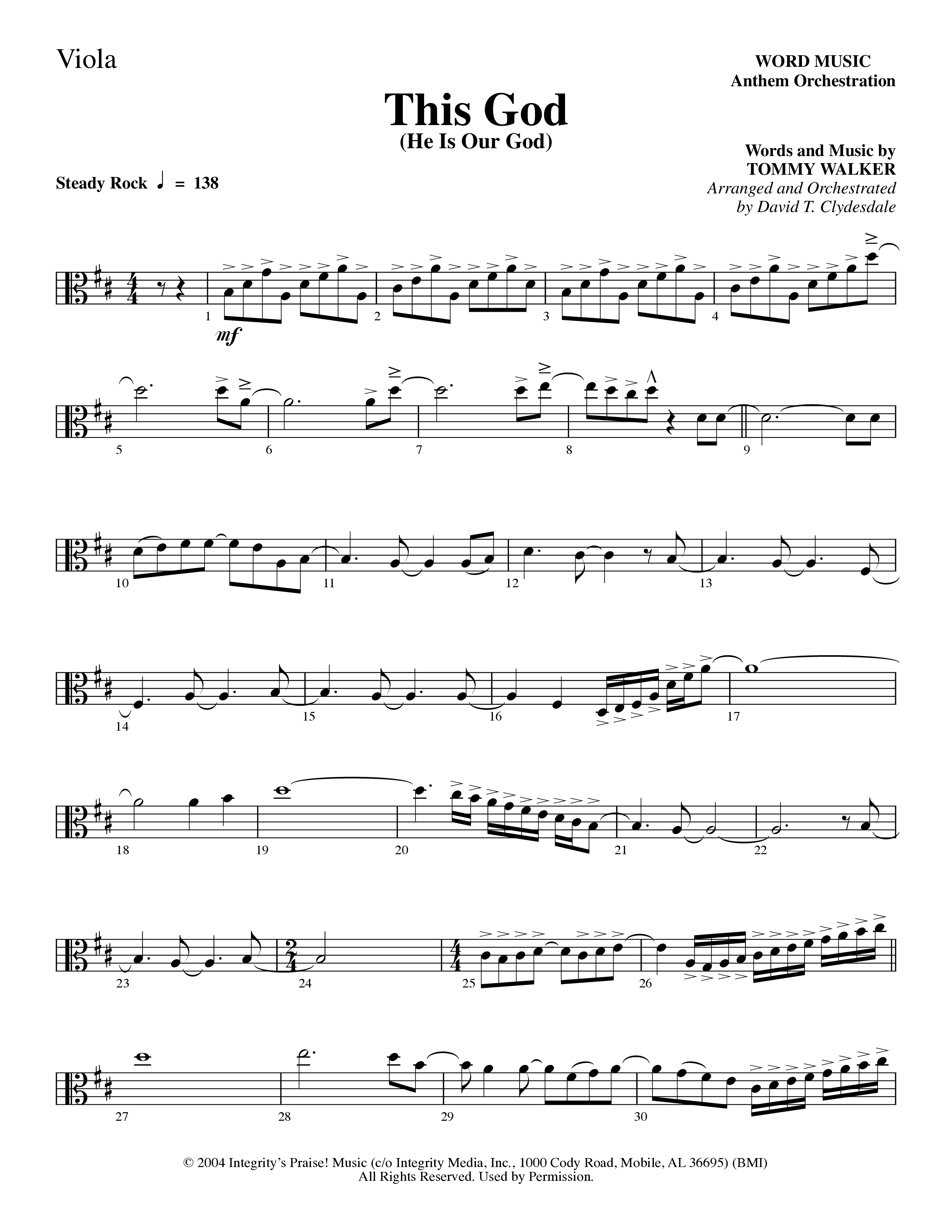This God (He Is Our God) (Choral Anthem SATB) Viola (Word Music Choral / Arr. David Clydesdale)