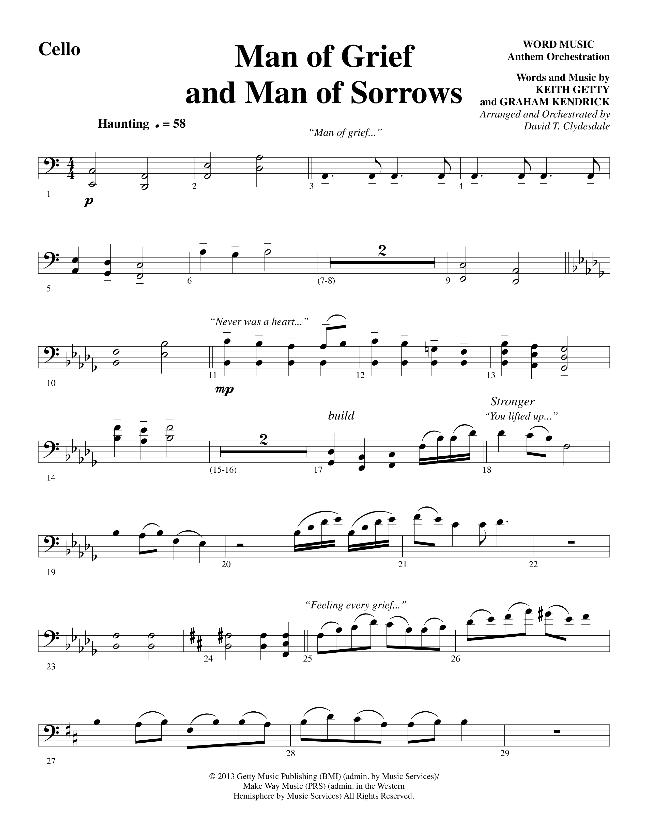 Man Of Grief And Man Of Sorrows (Choral Anthem SATB) Cello (Word Music Choral / Arr. David Clydesdale)