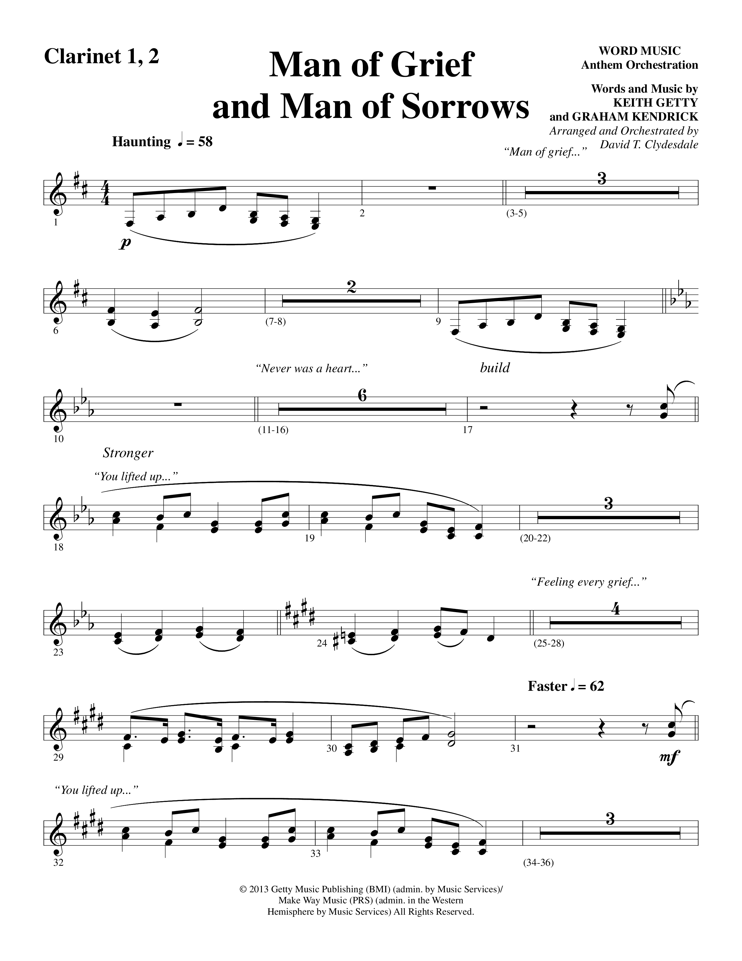 Man Of Grief And Man Of Sorrows (Choral Anthem SATB) Clarinet 1/2 (Word Music Choral / Arr. David Clydesdale)