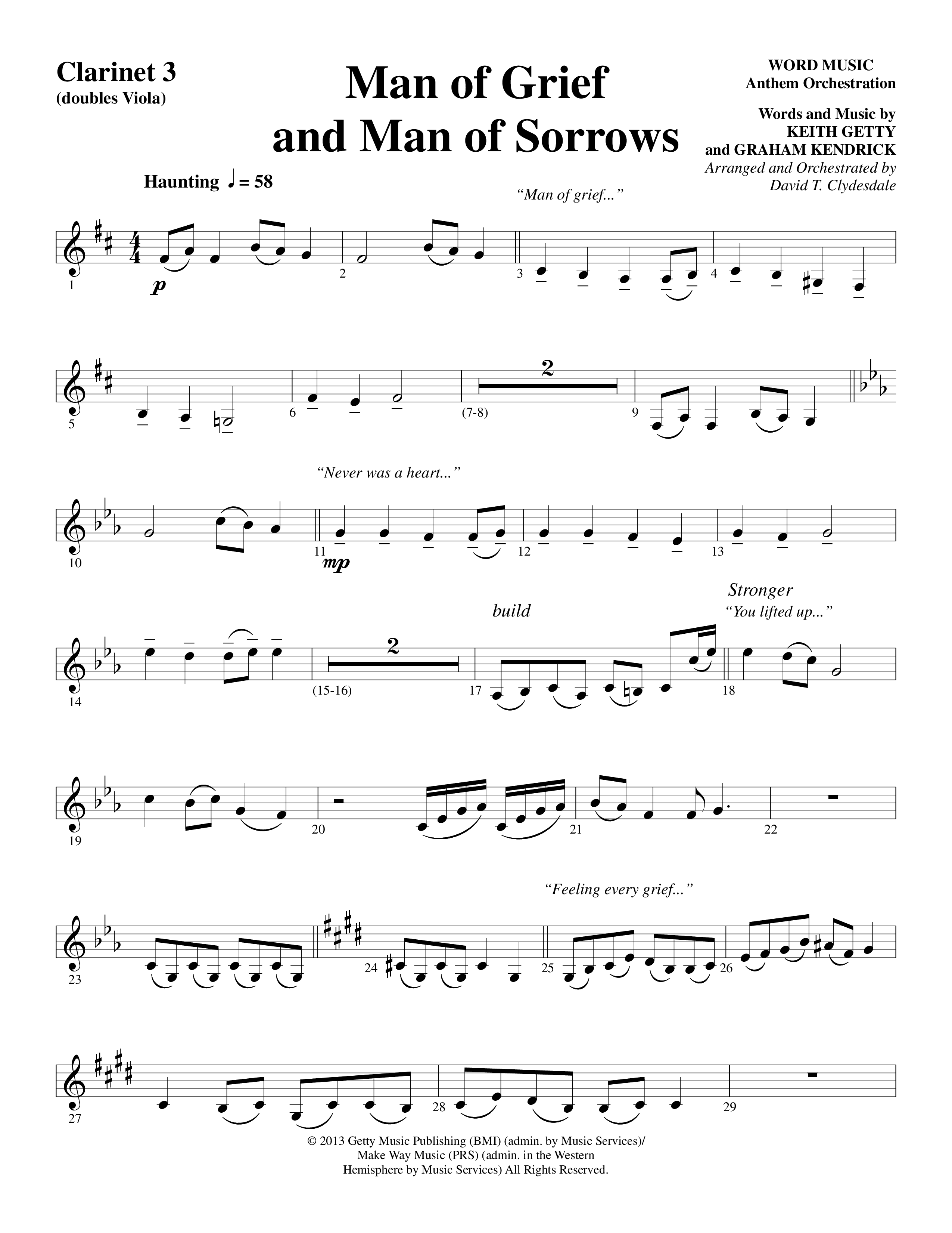 Man Of Grief And Man Of Sorrows (Choral Anthem SATB) Clarinet 3 (Word Music Choral / Arr. David Clydesdale)