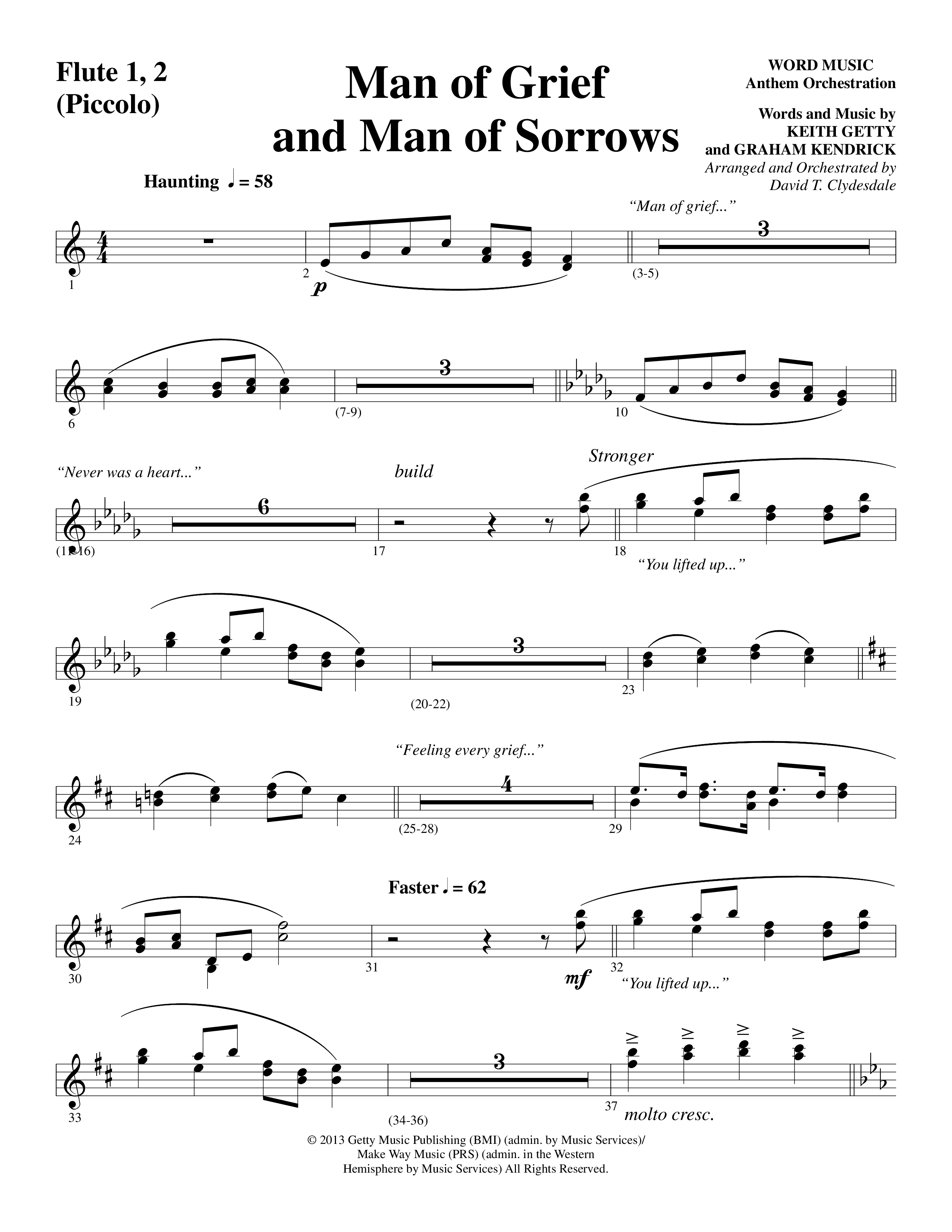 Man Of Grief And Man Of Sorrows (Choral Anthem SATB) Flute 1/2 (Word Music Choral / Arr. David Clydesdale)
