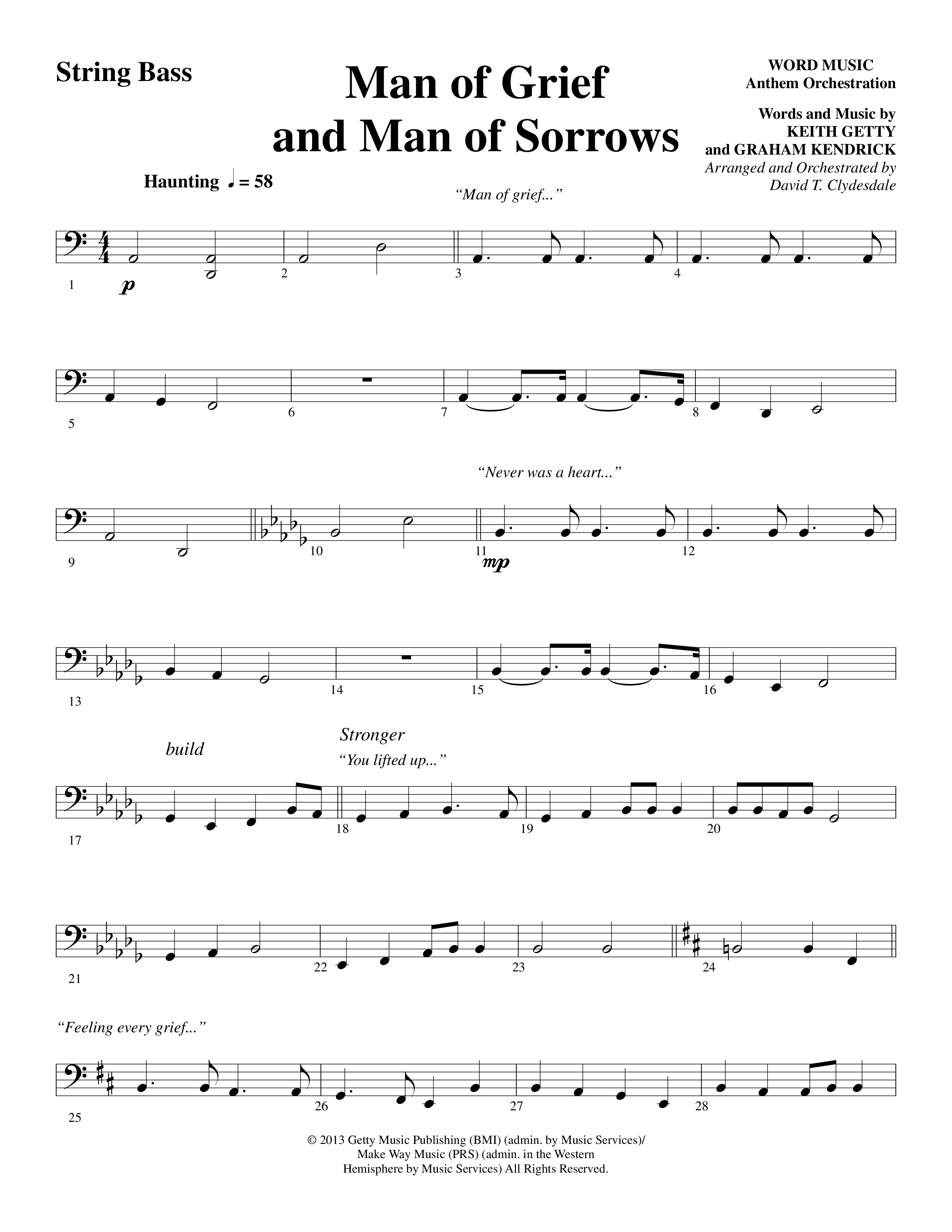 Man Of Grief And Man Of Sorrows (Choral Anthem SATB) String Bass (Word Music Choral / Arr. David Clydesdale)