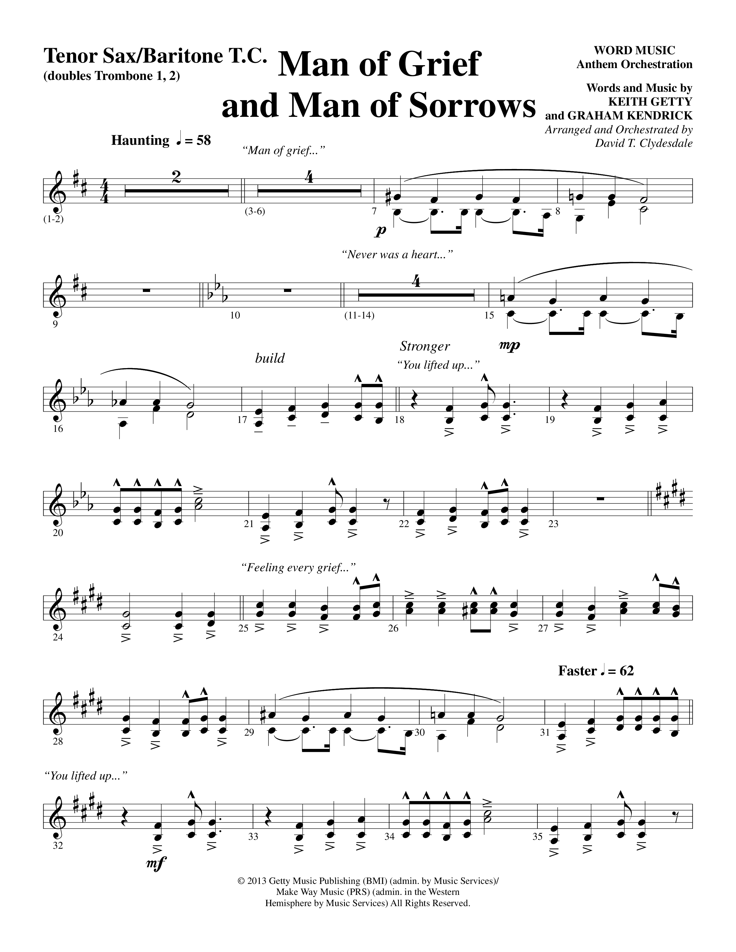 Man Of Grief And Man Of Sorrows (Choral Anthem SATB) Tenor Sax/Baritone T.C. (Word Music Choral / Arr. David Clydesdale)
