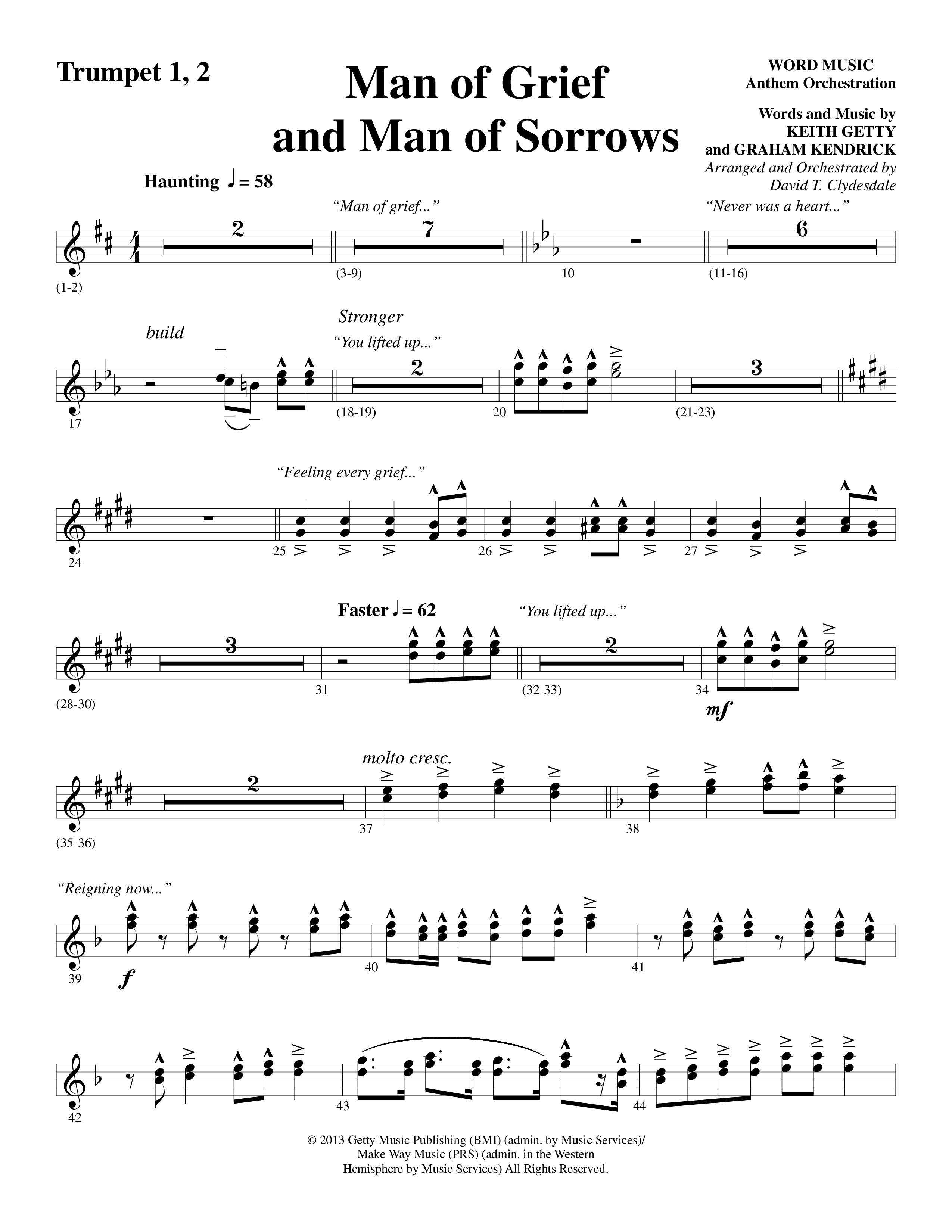Man Of Grief And Man Of Sorrows (Choral Anthem SATB) Trumpet 1,2 (Word Music Choral / Arr. David Clydesdale)
