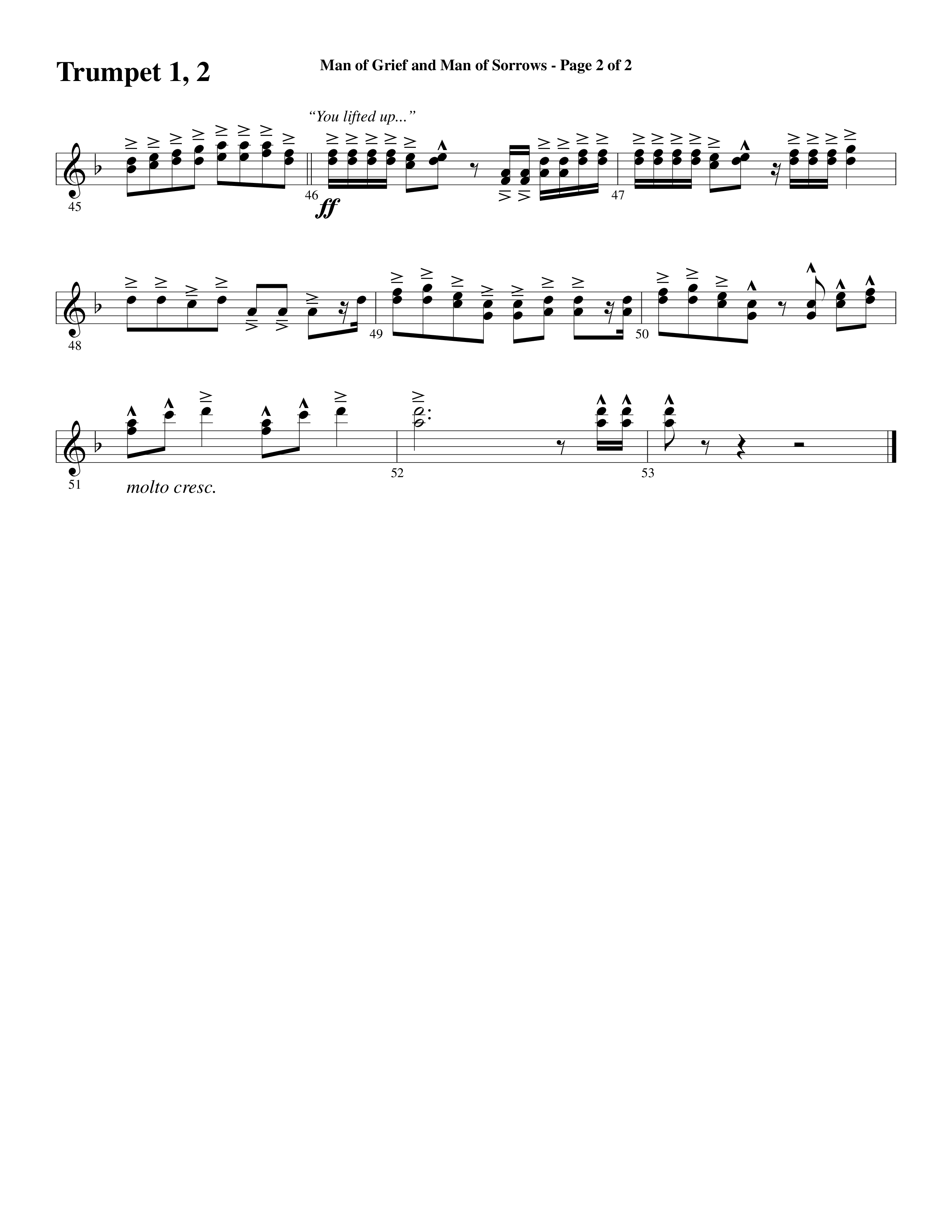 Man Of Grief And Man Of Sorrows (Choral Anthem SATB) Trumpet 1,2 (Word Music Choral / Arr. David Clydesdale)