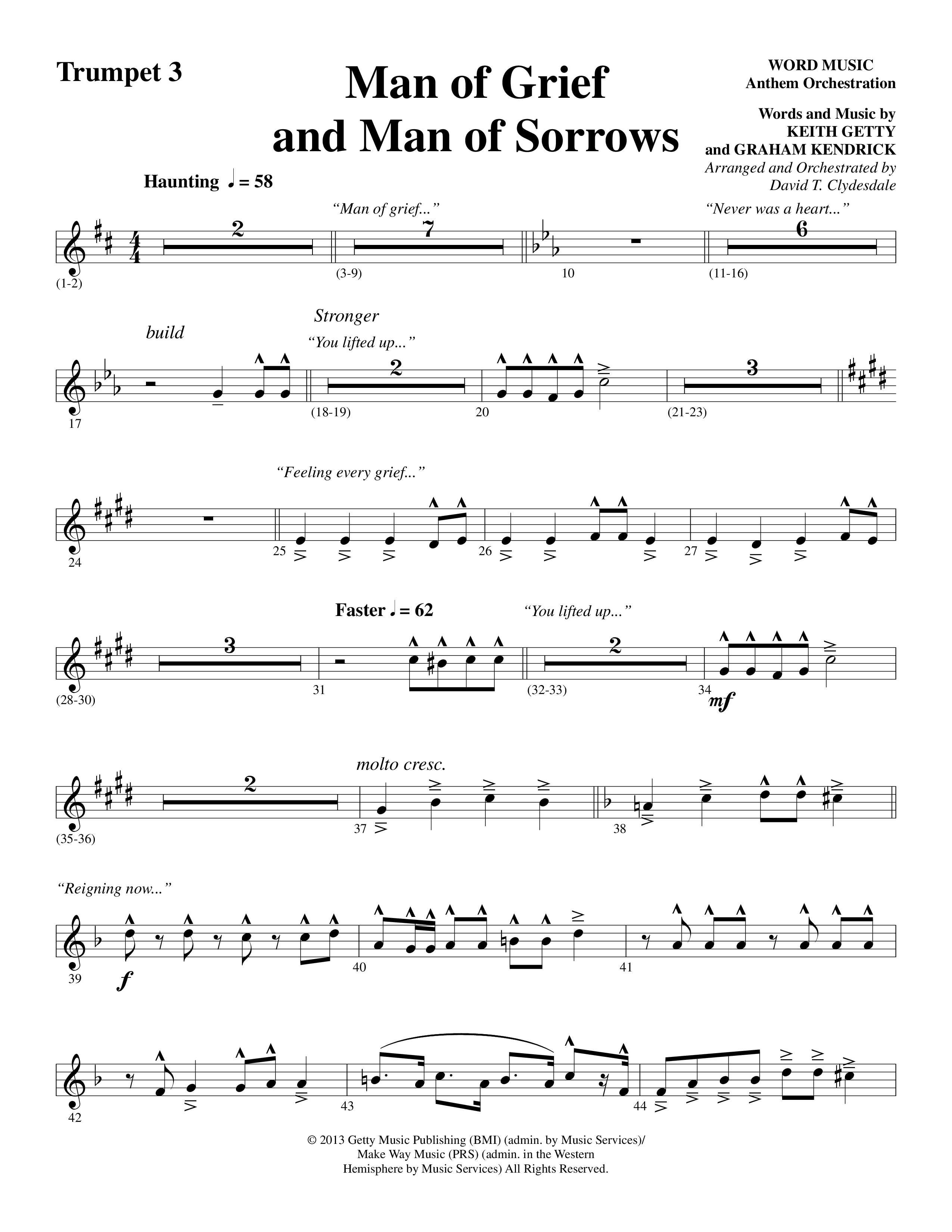 Man Of Grief And Man Of Sorrows (Choral Anthem SATB) Trumpet 3 (Word Music Choral / Arr. David Clydesdale)