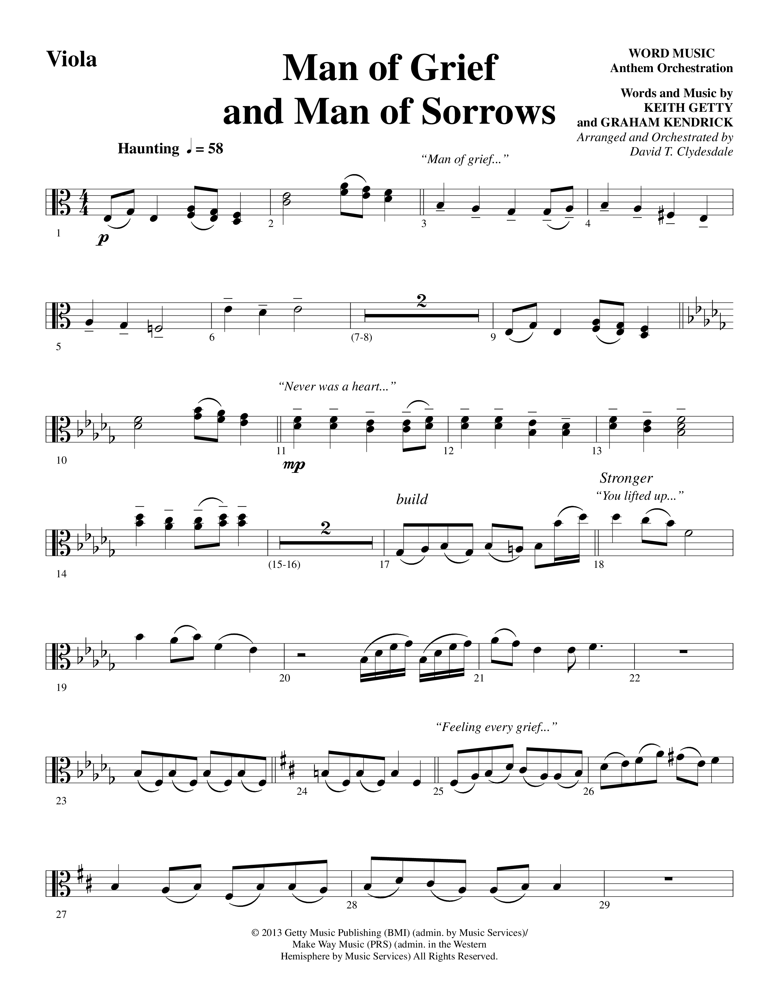 Man Of Grief And Man Of Sorrows (Choral Anthem SATB) Viola (Word Music Choral / Arr. David Clydesdale)