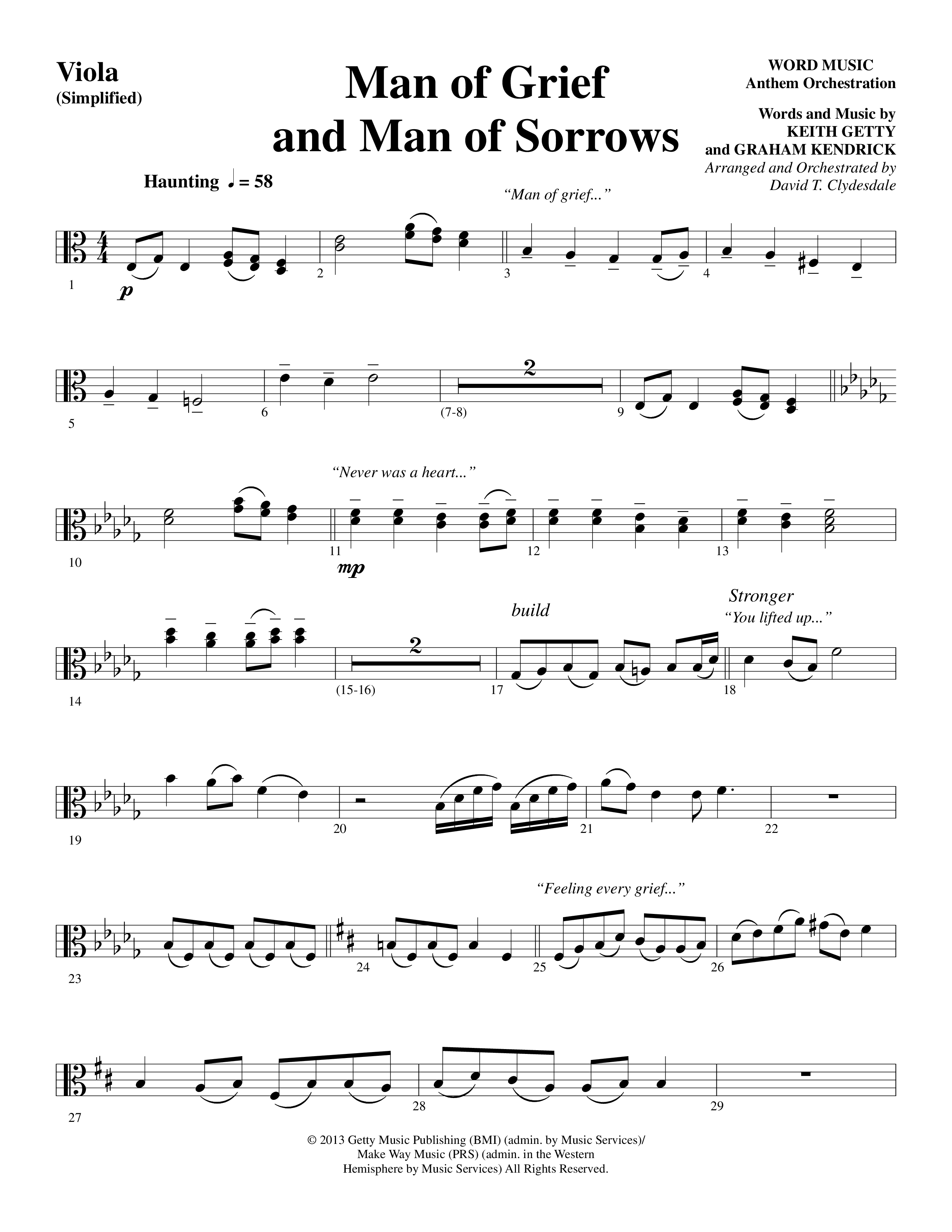 Man Of Grief And Man Of Sorrows (Choral Anthem SATB) Viola (Word Music Choral / Arr. David Clydesdale)