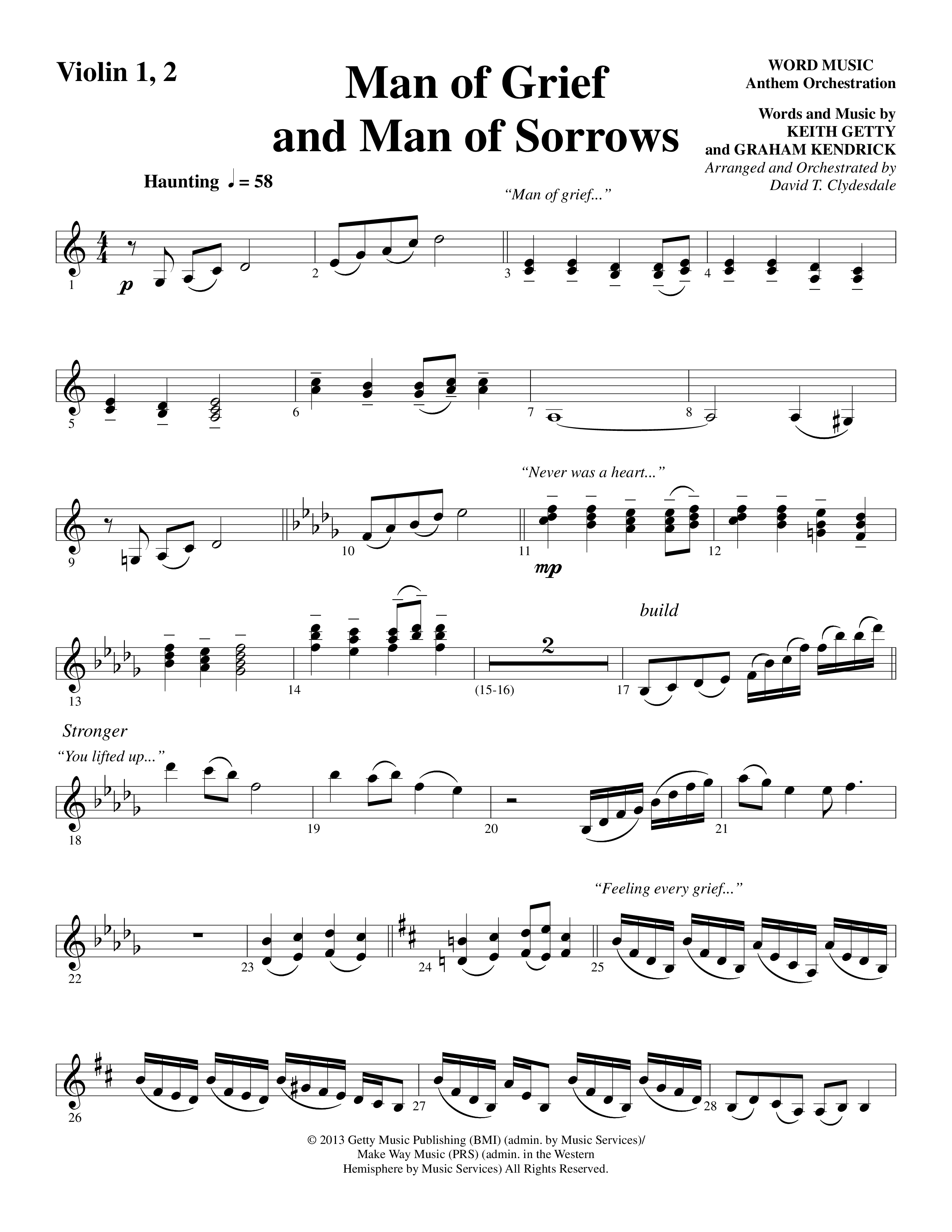 Man Of Grief And Man Of Sorrows (Choral Anthem SATB) Violin 1/2 (Word Music Choral / Arr. David Clydesdale)