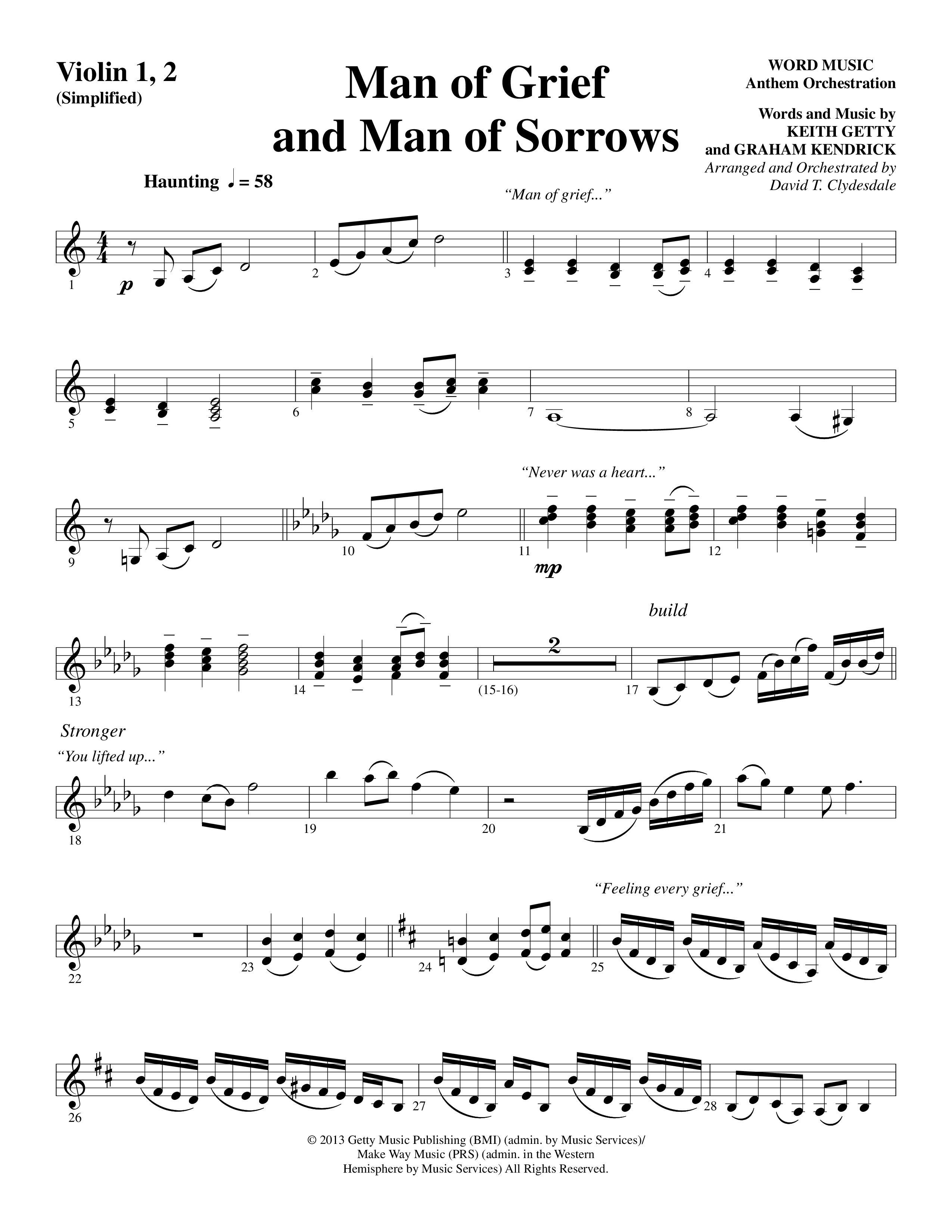 Man Of Grief And Man Of Sorrows (Choral Anthem SATB) Violin 1/2 (Word Music Choral / Arr. David Clydesdale)