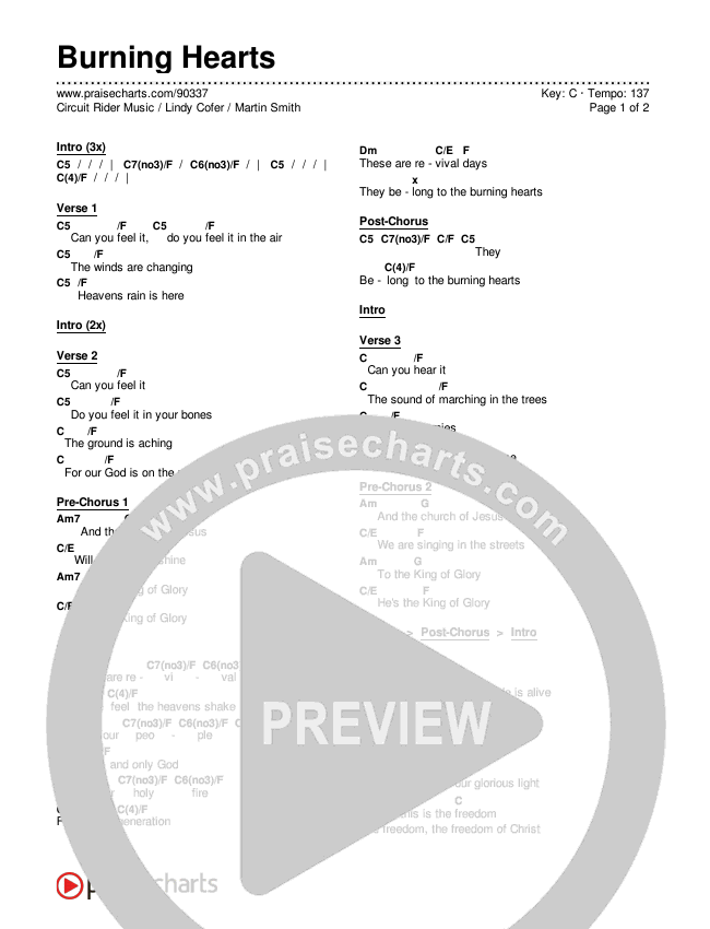 Burning Hearts Chords & Lyrics (Circuit Rider Music / Lindy Cofer / Martin Smith)