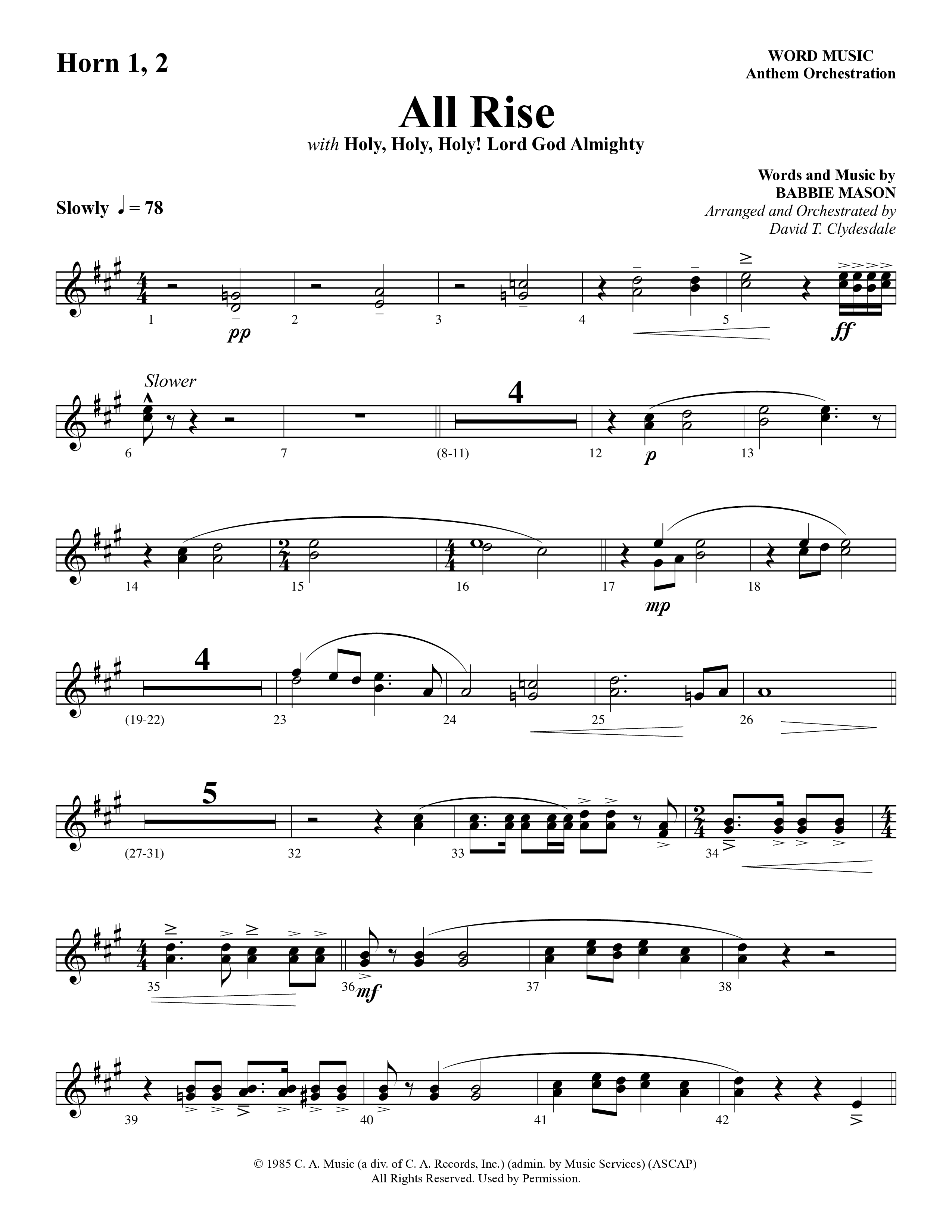 All Rise (with Holy Holy Holy Lord God Almighty) (Choral Anthem SATB) French Horn 1/2 (Word Music Choral / Arr. David Clydesdale)