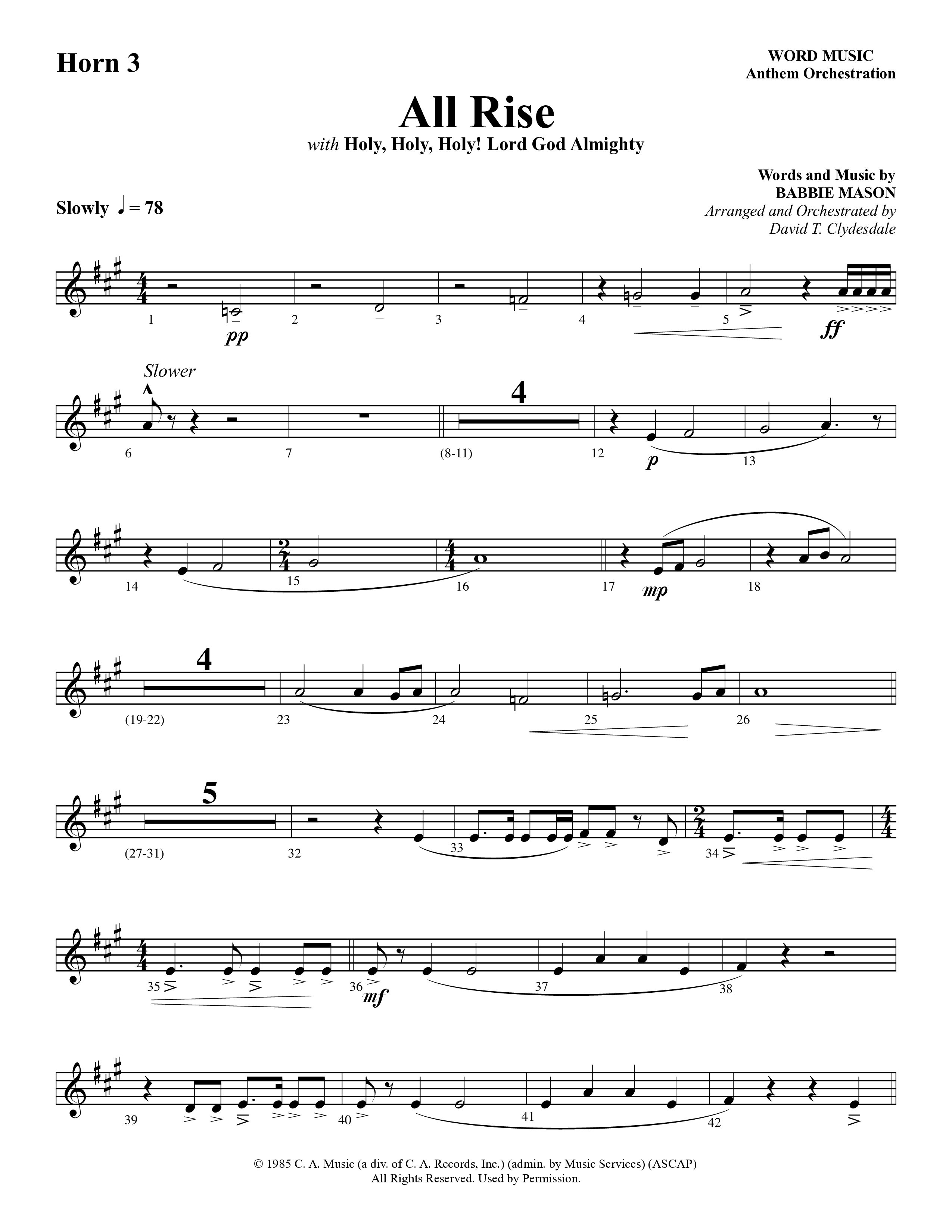All Rise (with Holy Holy Holy Lord God Almighty) (Choral Anthem SATB) French Horn 3 (Word Music Choral / Arr. David Clydesdale)
