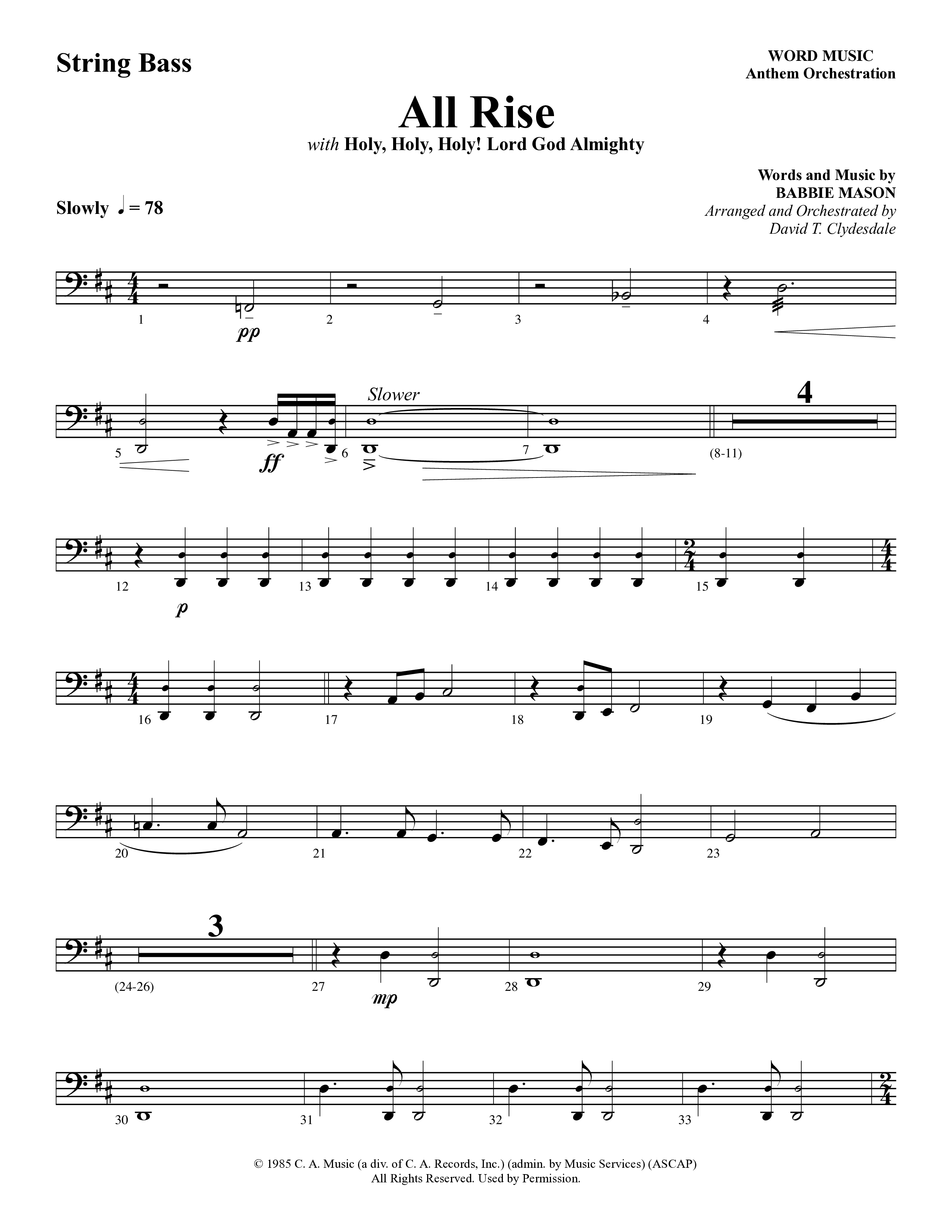 All Rise (with Holy Holy Holy Lord God Almighty) (Choral Anthem SATB) String Bass (Word Music Choral / Arr. David Clydesdale)