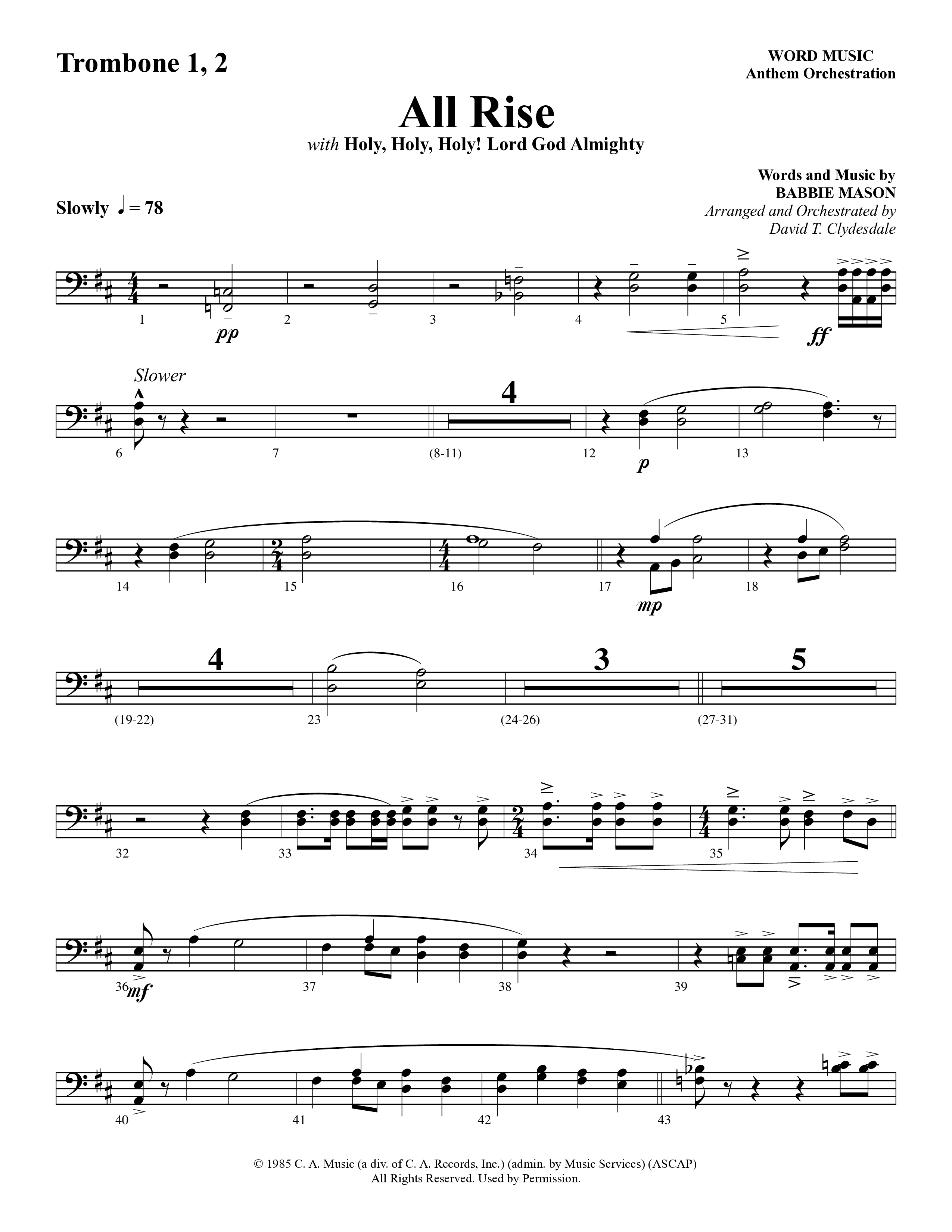 All Rise (with Holy Holy Holy Lord God Almighty) (Choral Anthem SATB) Trombone 1/2 (Word Music Choral / Arr. David Clydesdale)