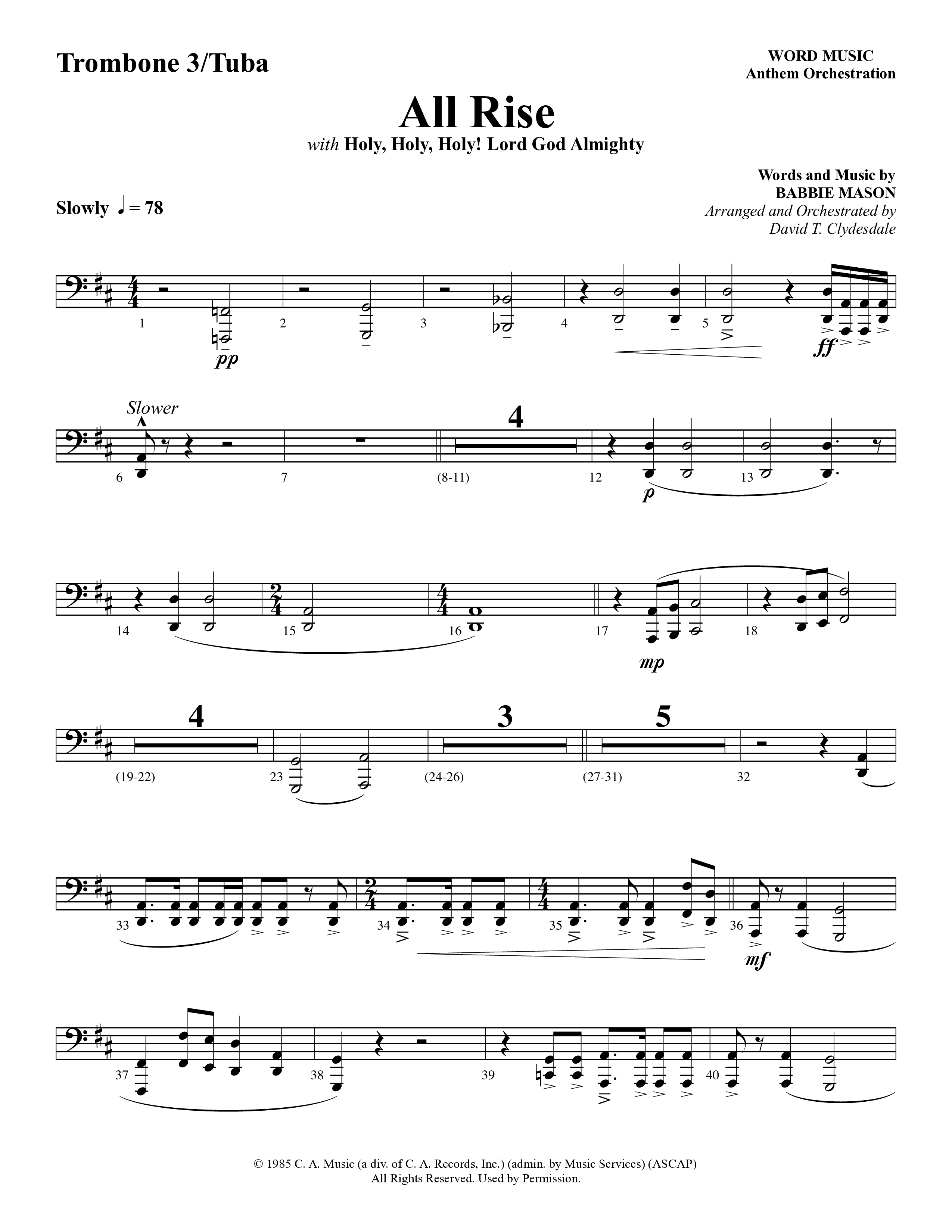 All Rise (with Holy Holy Holy Lord God Almighty) (Choral Anthem SATB) Trombone 3/Tuba (Word Music Choral / Arr. David Clydesdale)