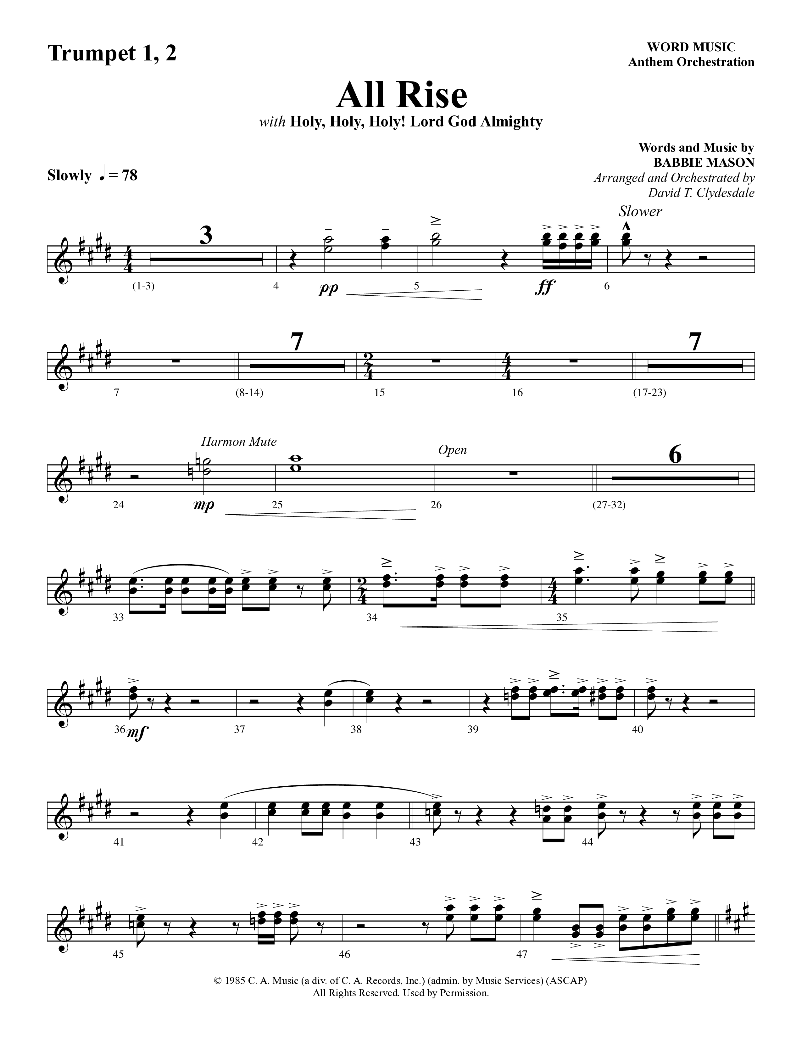 All Rise (with Holy Holy Holy Lord God Almighty) (Choral Anthem SATB) Trumpet 1,2 (Word Music Choral / Arr. David Clydesdale)