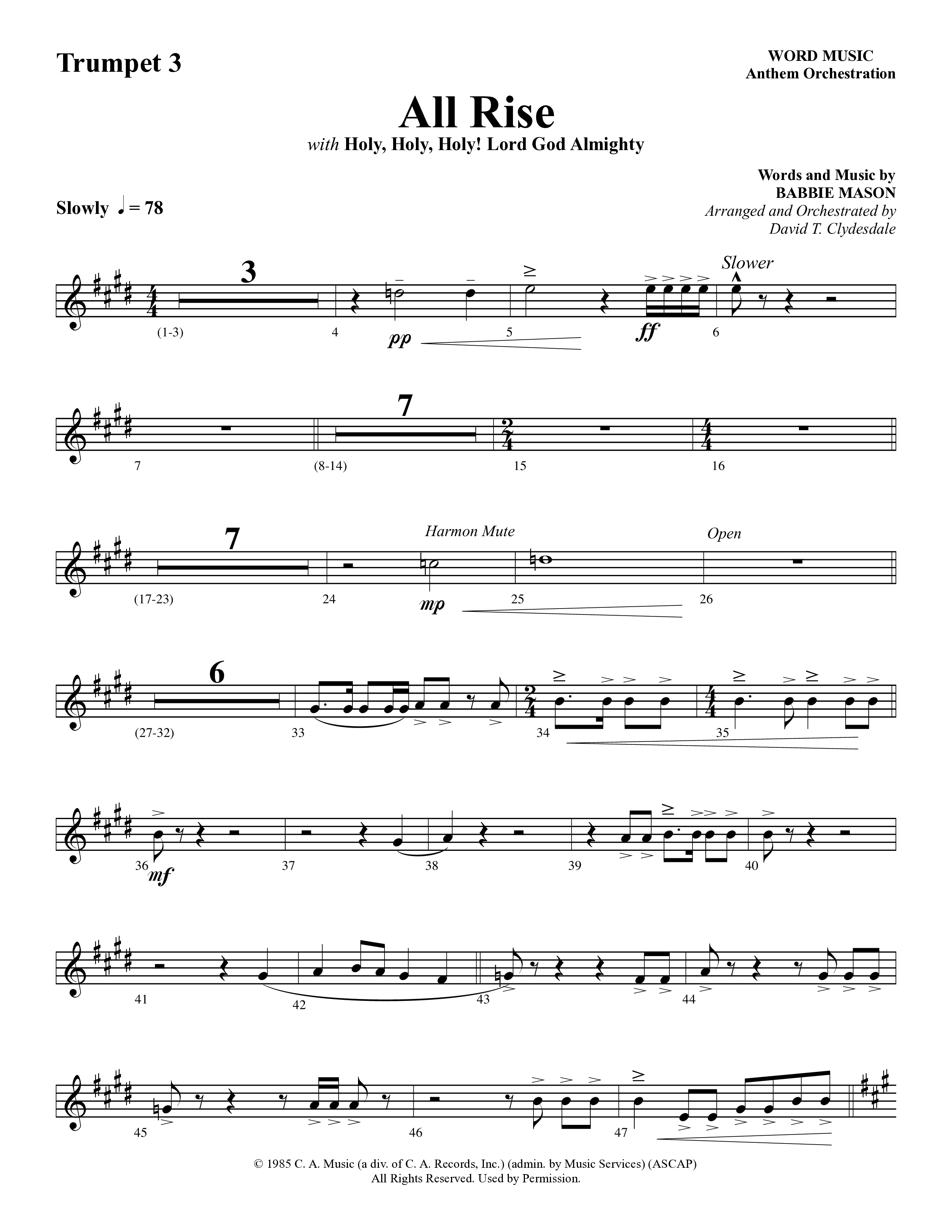 All Rise (with Holy Holy Holy Lord God Almighty) (Choral Anthem SATB) Trumpet 3 (Word Music Choral / Arr. David Clydesdale)