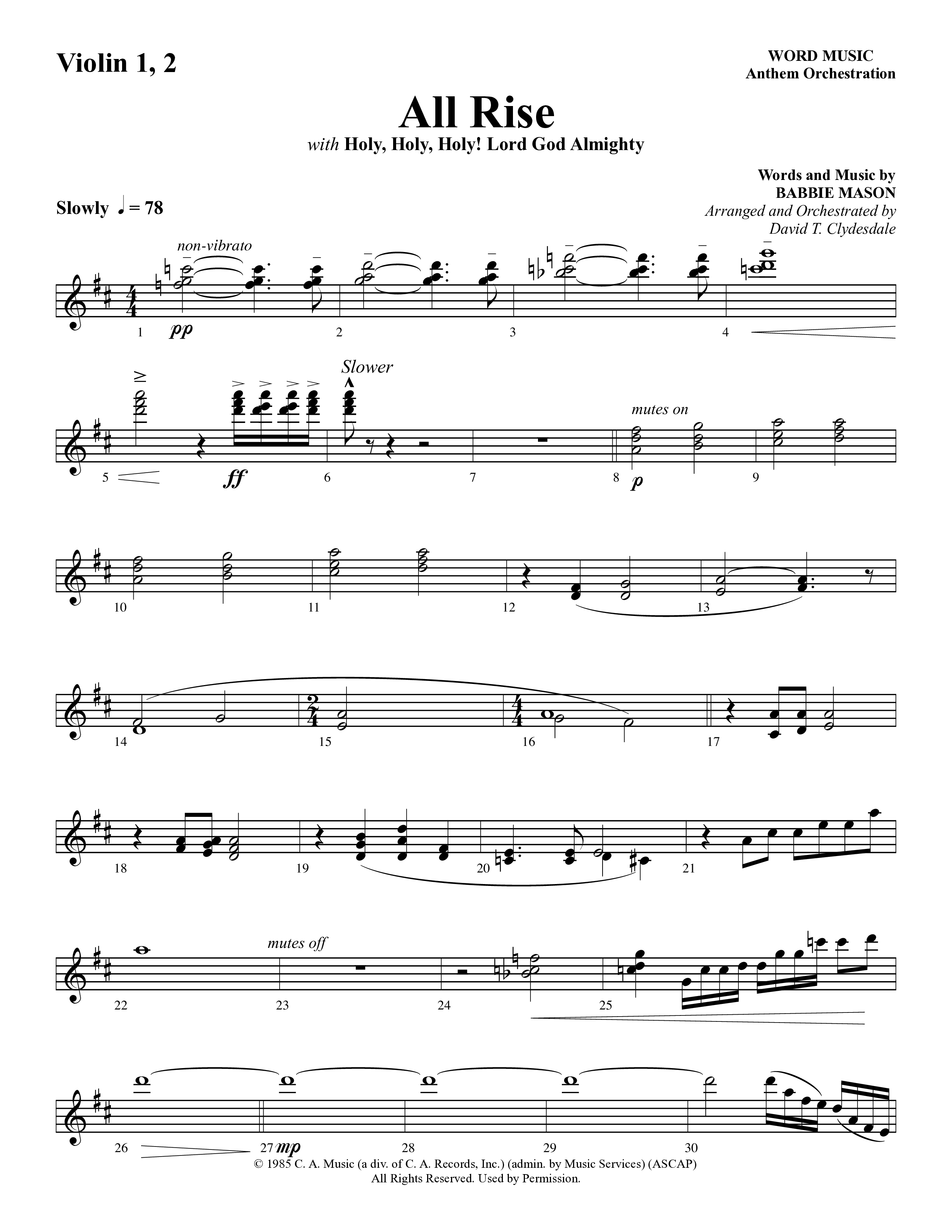 All Rise (with Holy Holy Holy Lord God Almighty) (Choral Anthem SATB) Violin 1/2 (Word Music Choral / Arr. David Clydesdale)