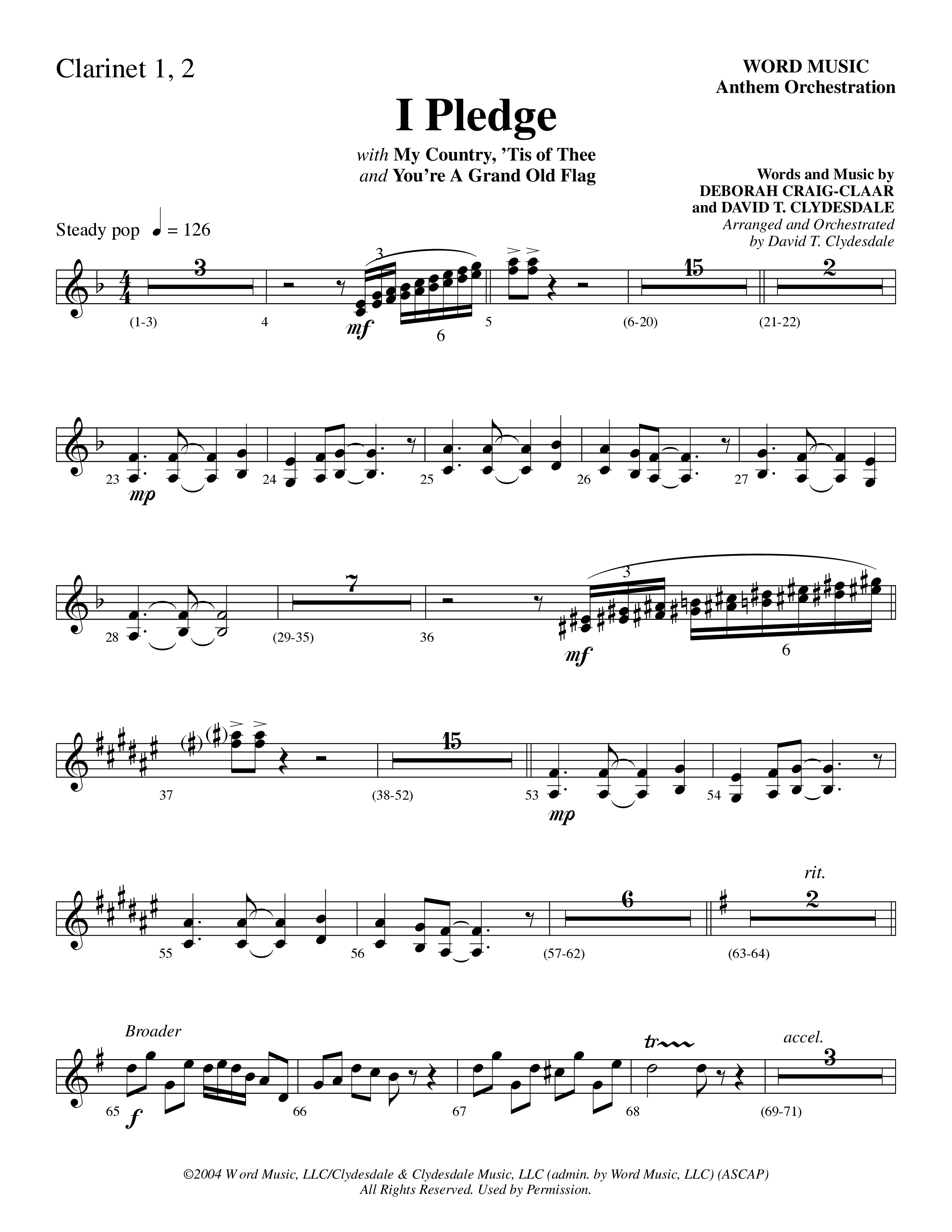 I Pledge (with My Country Tis Of Thee and You're A Grand Old Flag) (Choral Anthem SATB) Clarinet 1/2 (Word Music Choral / Arr. David Clydesdale)