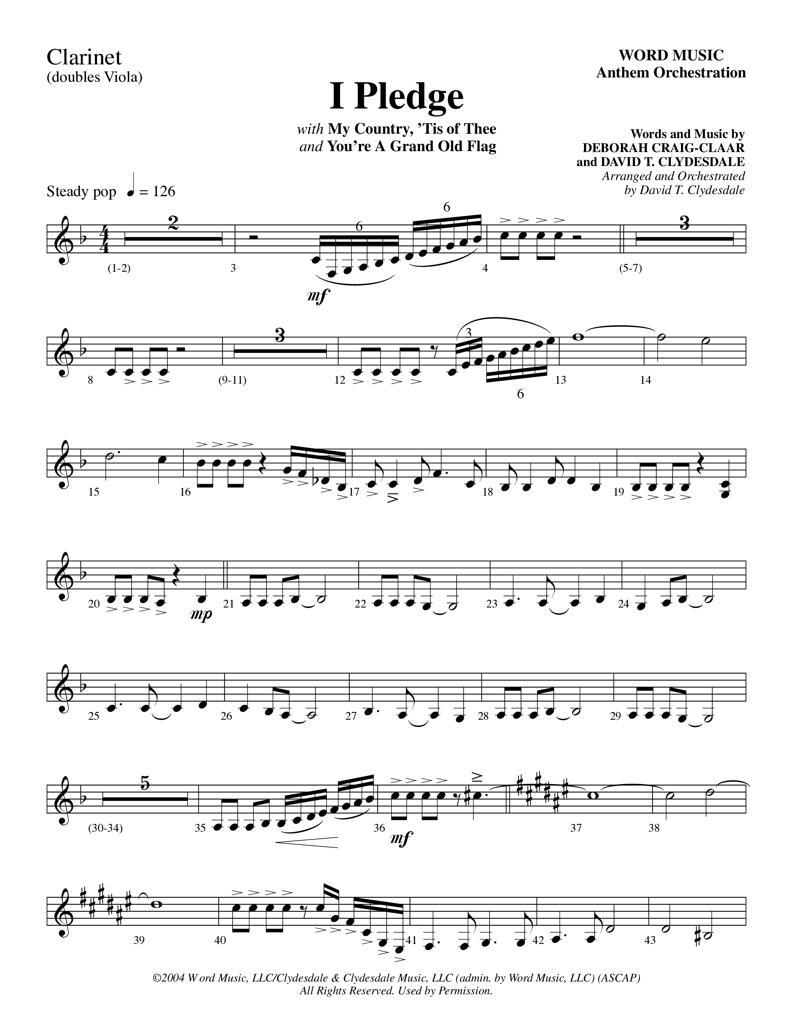 I Pledge (with My Country Tis Of Thee and You're A Grand Old Flag) (Choral Anthem SATB) Clarinet (Word Music Choral / Arr. David Clydesdale)
