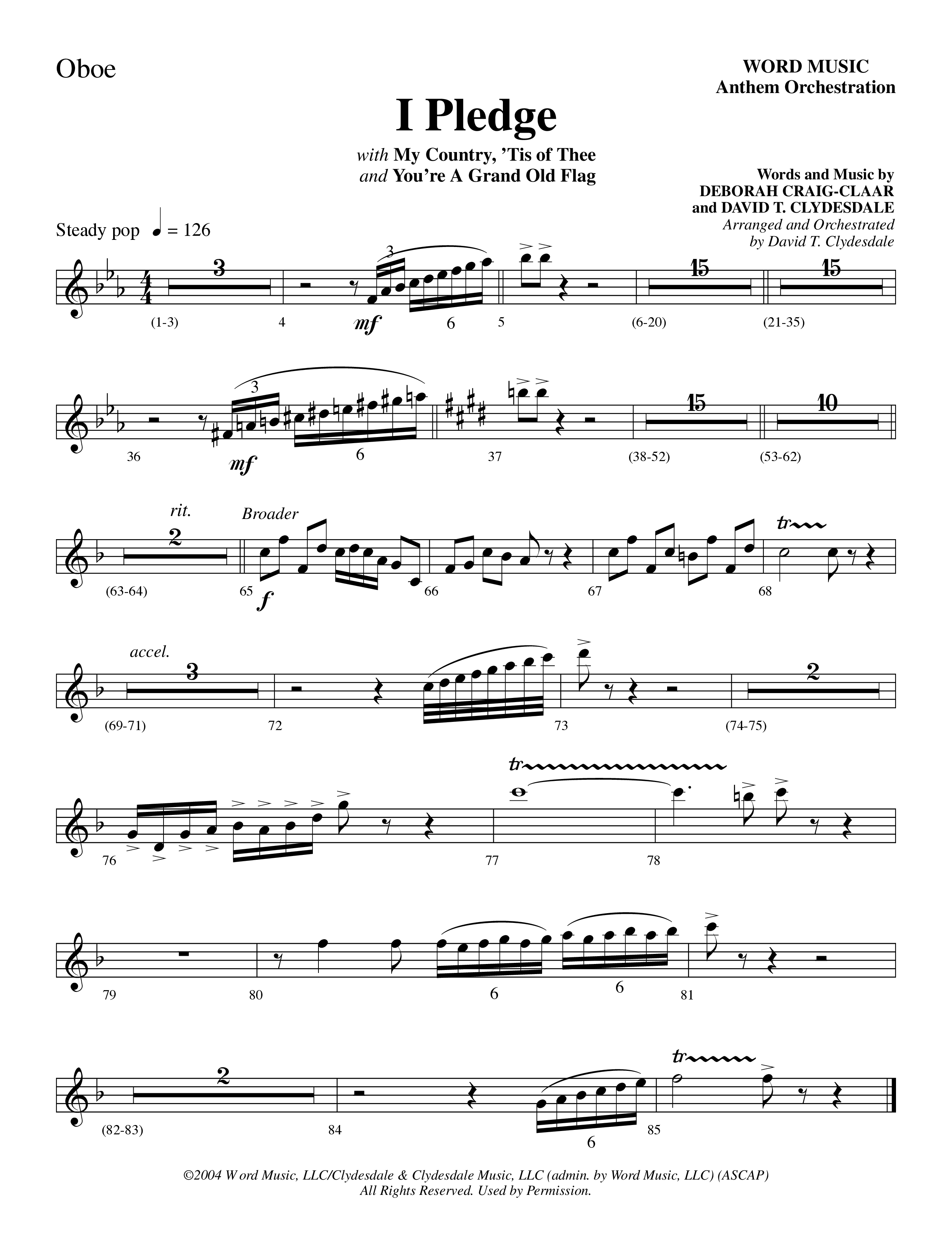 I Pledge (with My Country Tis Of Thee and You're A Grand Old Flag) (Choral Anthem SATB) Oboe (Word Music Choral / Arr. David Clydesdale)