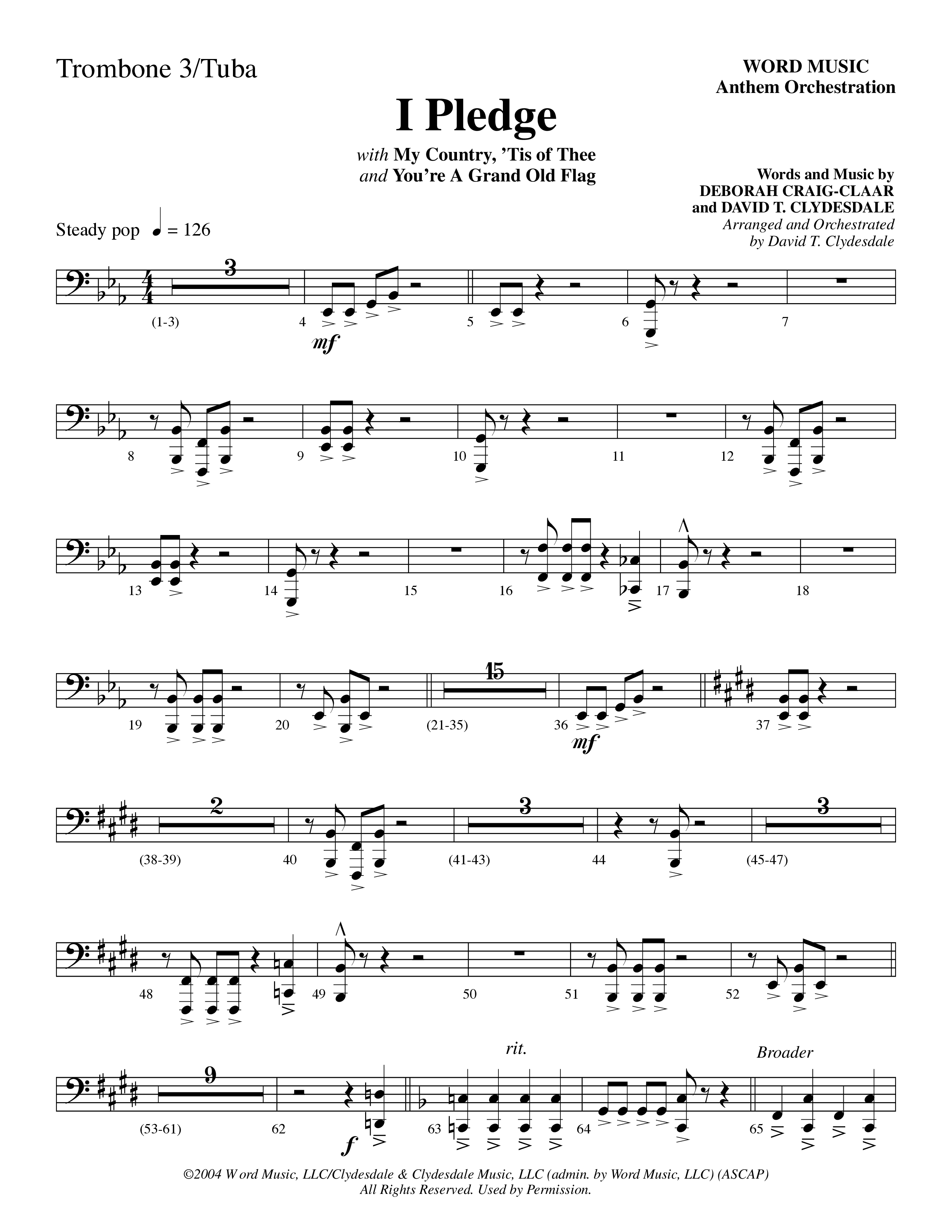 I Pledge (with My Country Tis Of Thee and You're A Grand Old Flag) (Choral Anthem SATB) Trombone 3/Tuba (Word Music Choral / Arr. David Clydesdale)