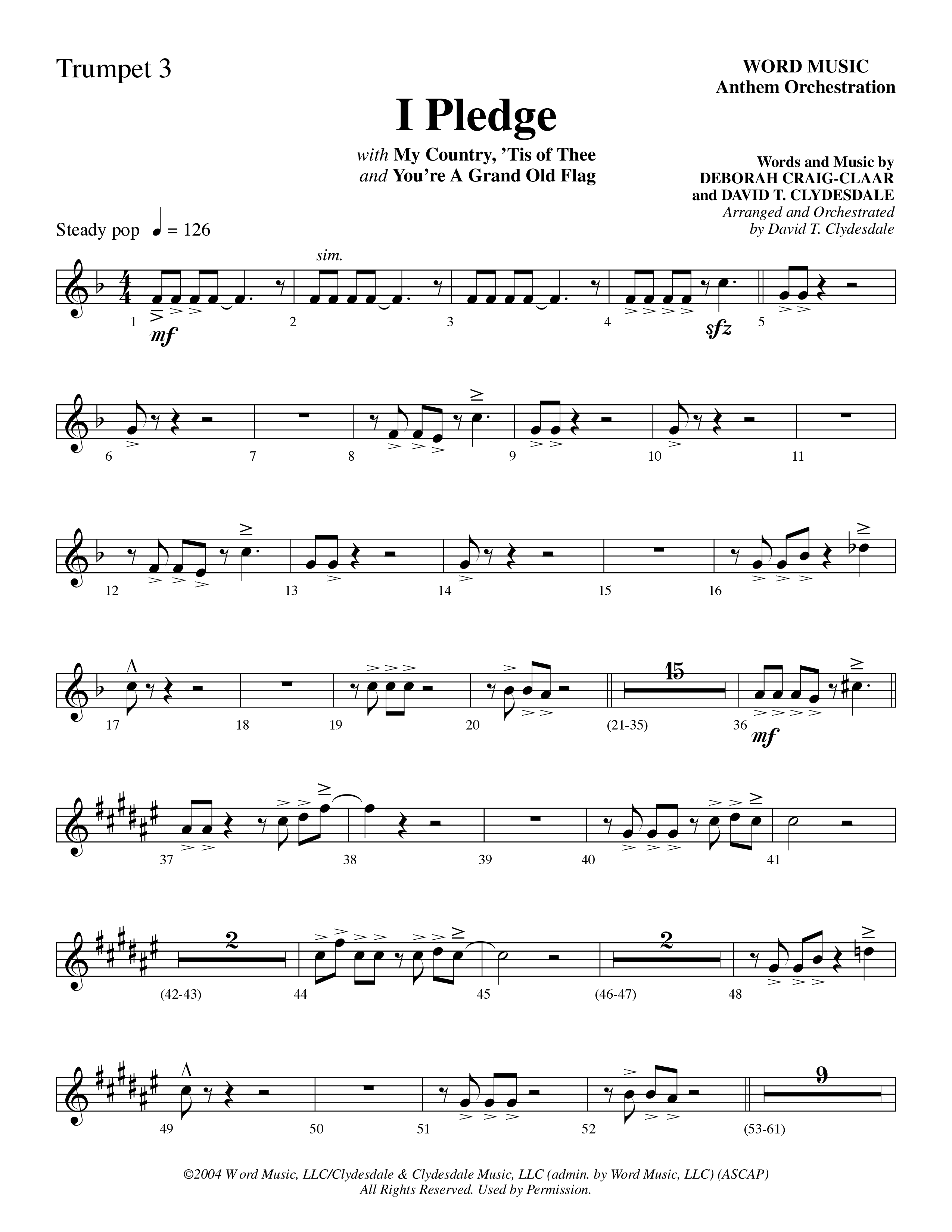 I Pledge (with My Country Tis Of Thee and You're A Grand Old Flag) (Choral Anthem SATB) Trumpet 3 (Word Music Choral / Arr. David Clydesdale)