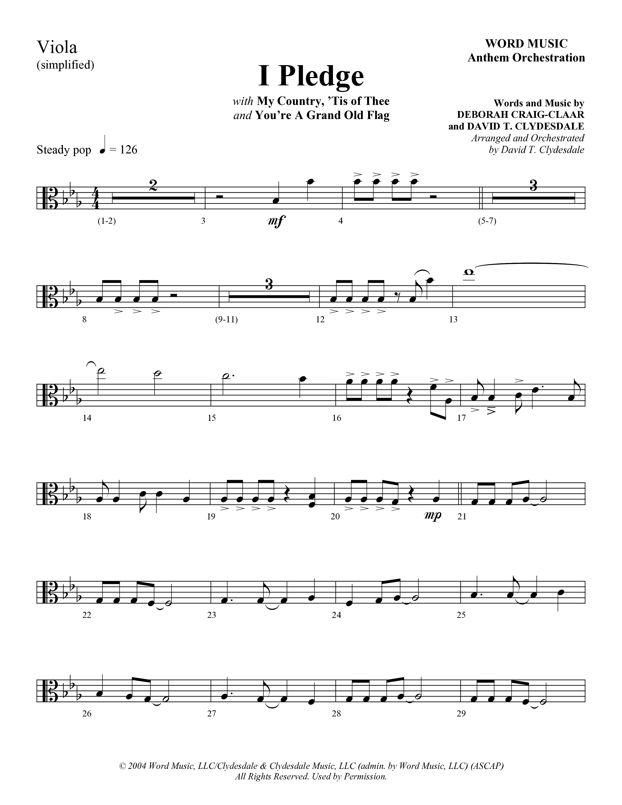 I Pledge (with My Country Tis Of Thee and You're A Grand Old Flag) (Choral Anthem SATB) Viola (Word Music Choral / Arr. David Clydesdale)