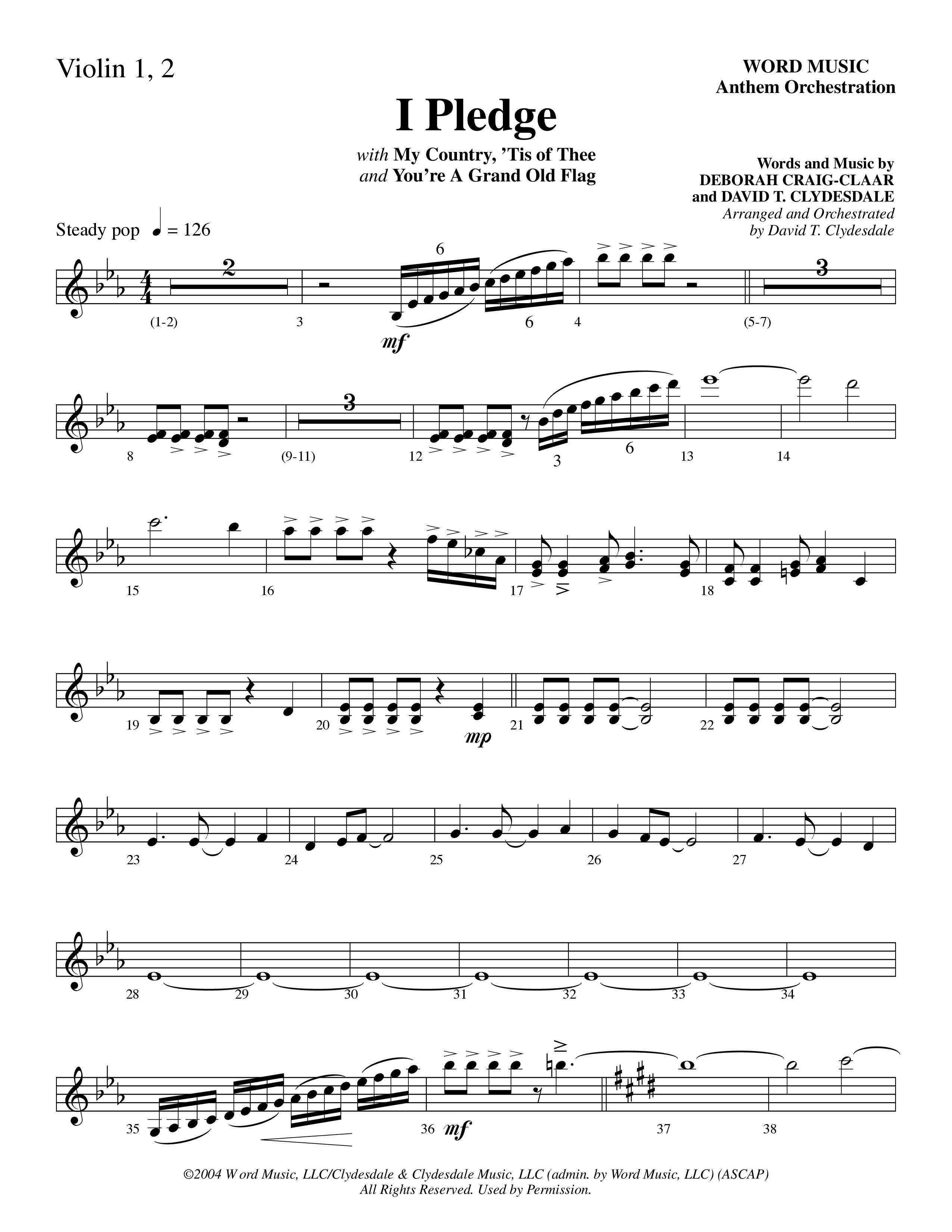 I Pledge (with My Country Tis Of Thee and You're A Grand Old Flag) (Choral Anthem SATB) Violin 1/2 (Word Music Choral / Arr. David Clydesdale)