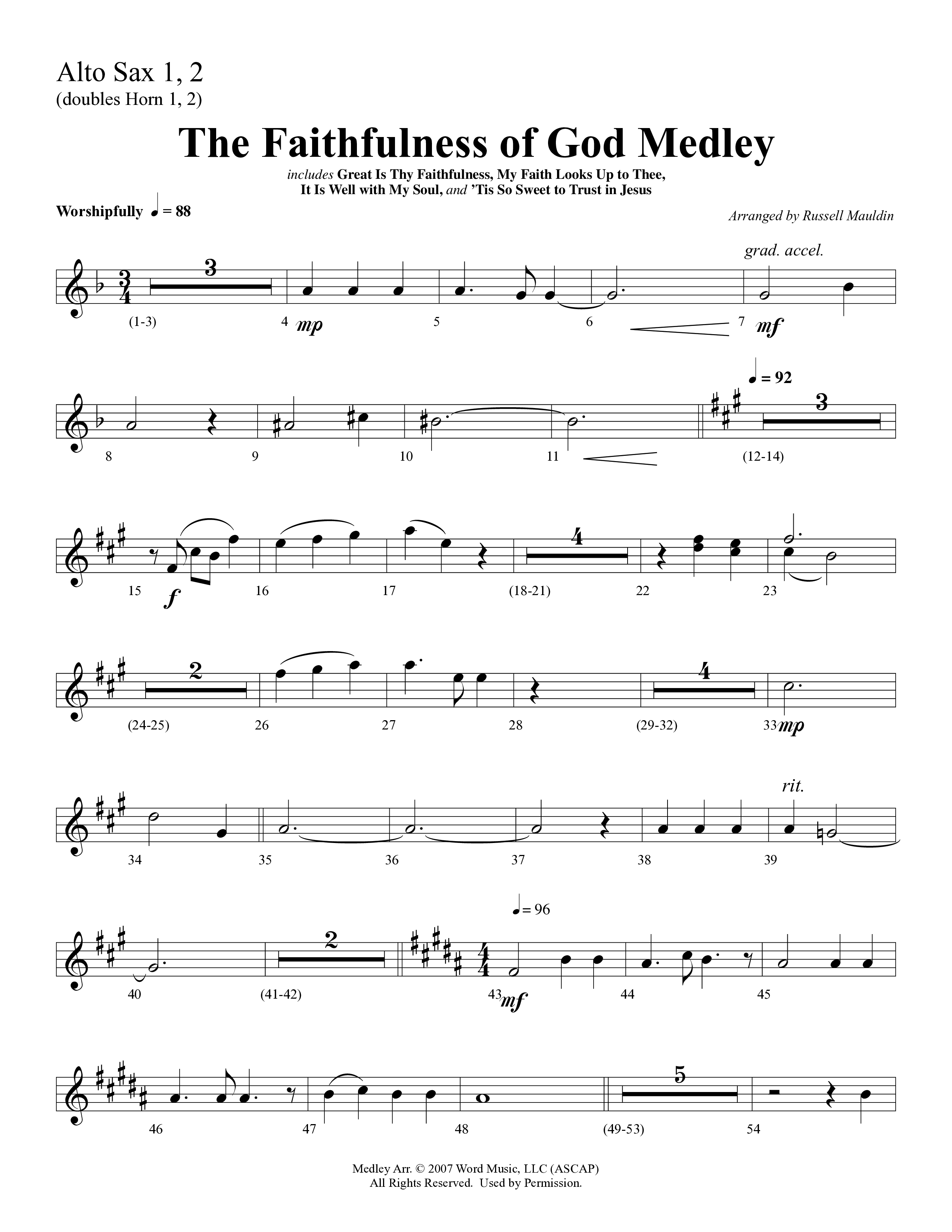 The Faithfulness of God Medley (Choral Anthem SATB) Alto Sax 1/2 (Word Music Choral / Arr. Russell Mauldin)