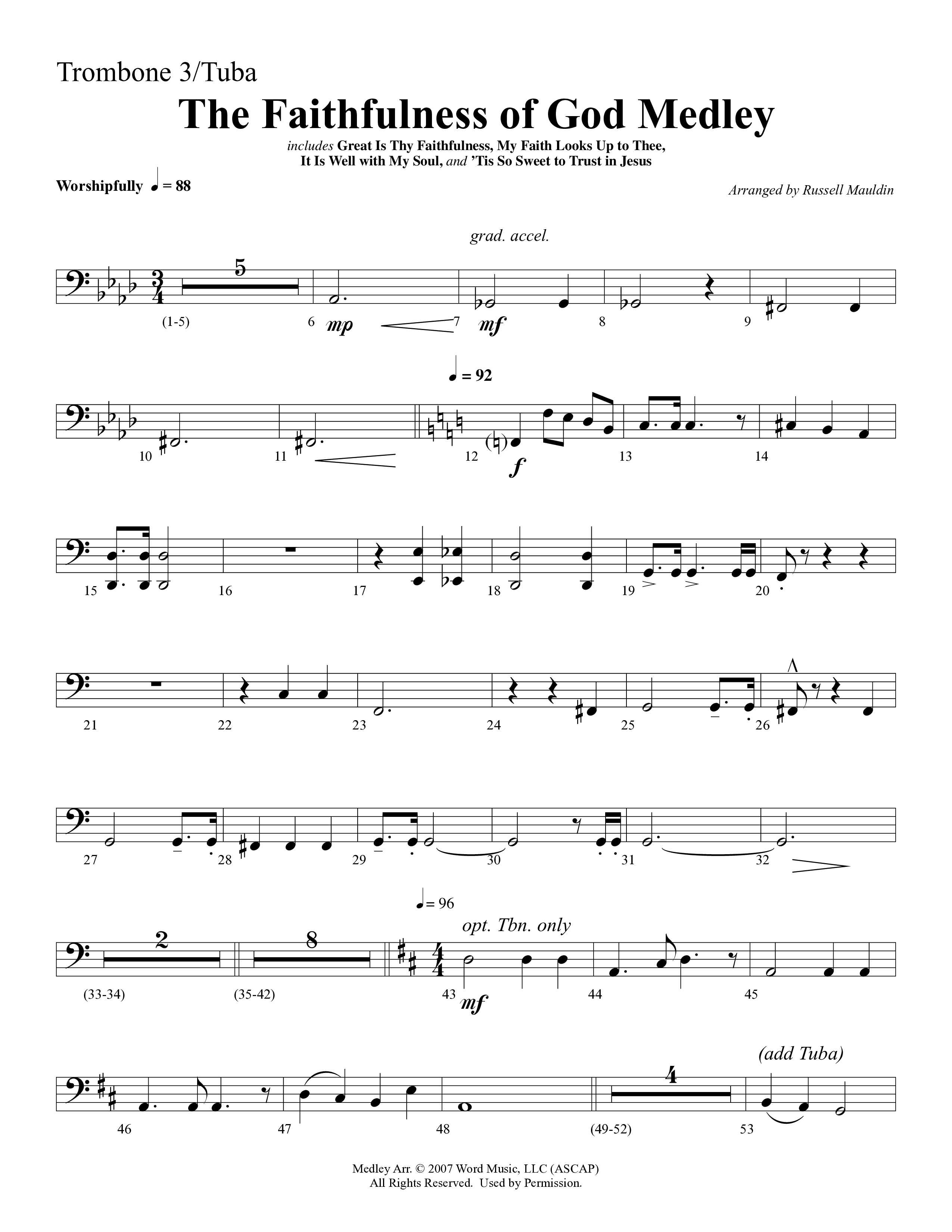 The Faithfulness of God Medley (Choral Anthem SATB) Trombone 3/Tuba (Word Music Choral / Arr. Russell Mauldin)