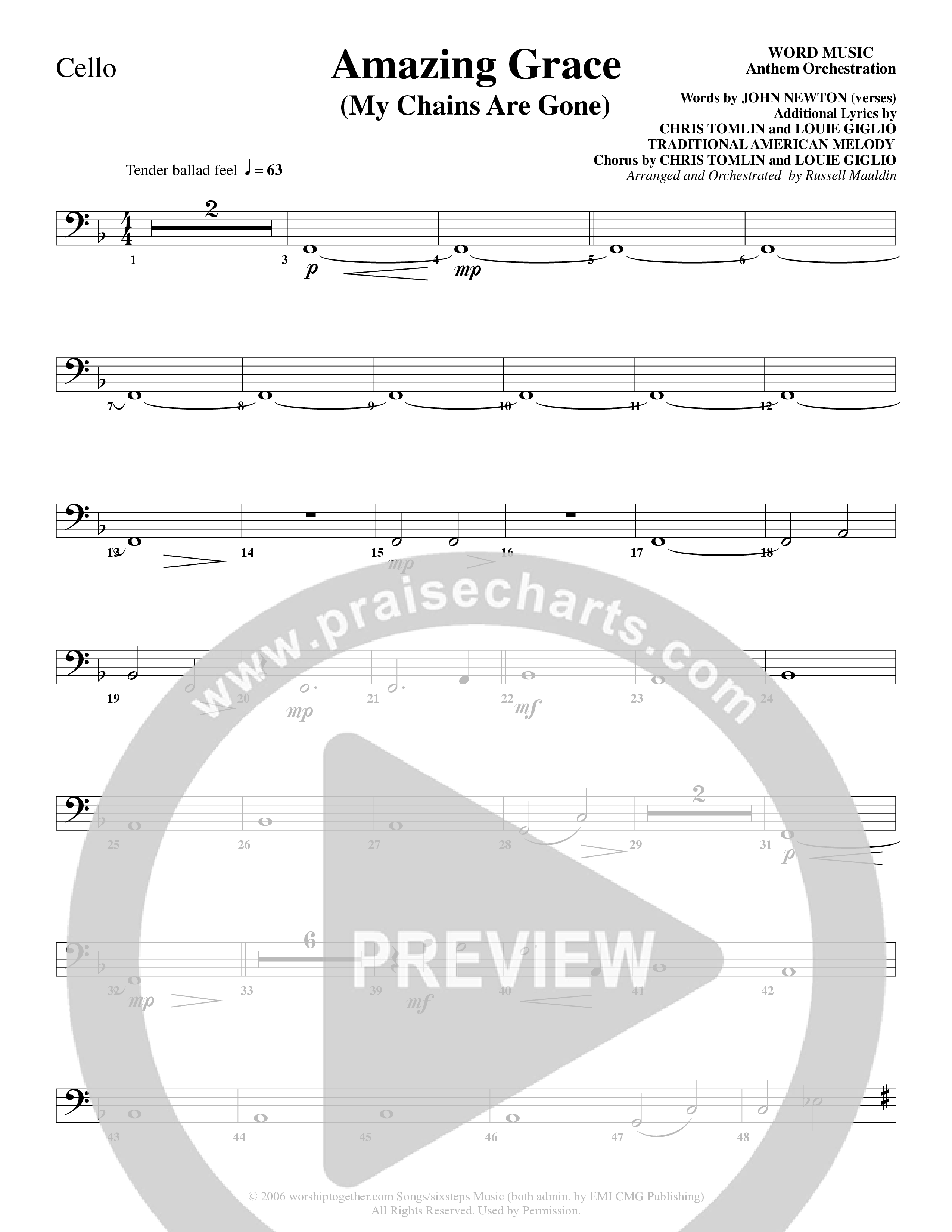 Amazing Grace (My Chains Are Gone) (Choral Anthem SATB) Cello (Word Music Choral / Arr. Russell Mauldin)
