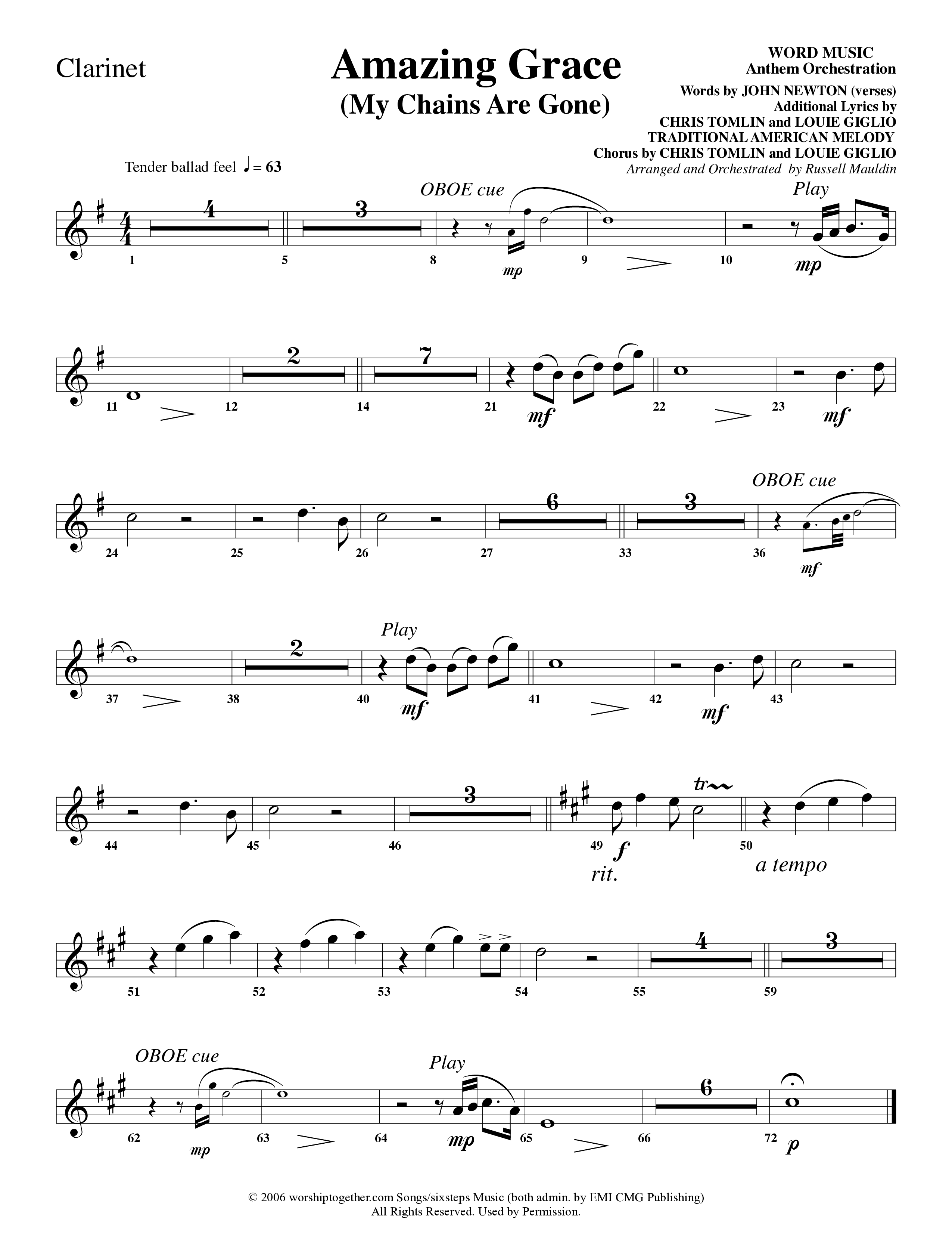 Amazing Grace (My Chains Are Gone) (Choral Anthem SATB) Clarinet (Word Music Choral / Arr. Russell Mauldin)