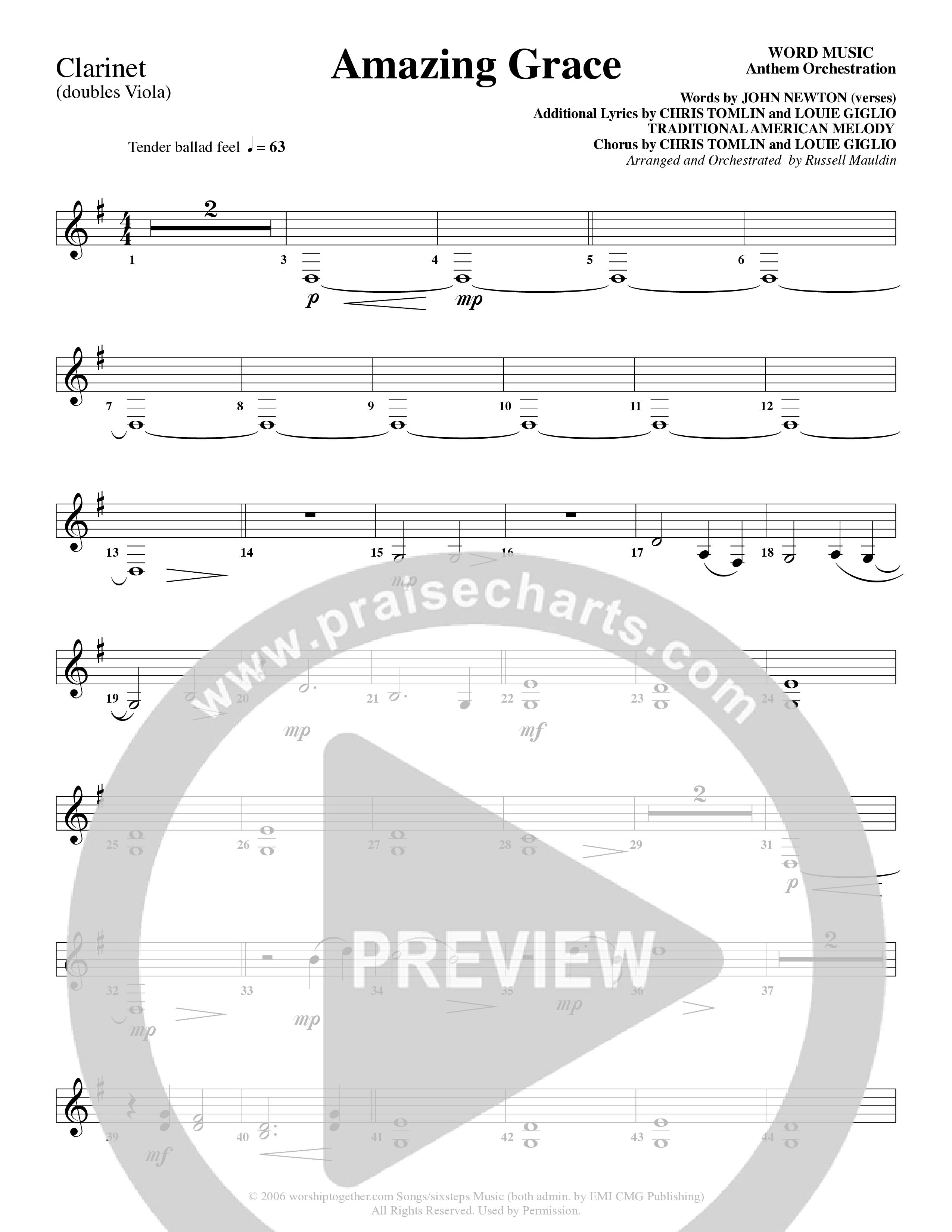 Amazing Grace (My Chains Are Gone) (Choral Anthem SATB) Clarinet (Word Music Choral / Arr. Russell Mauldin)