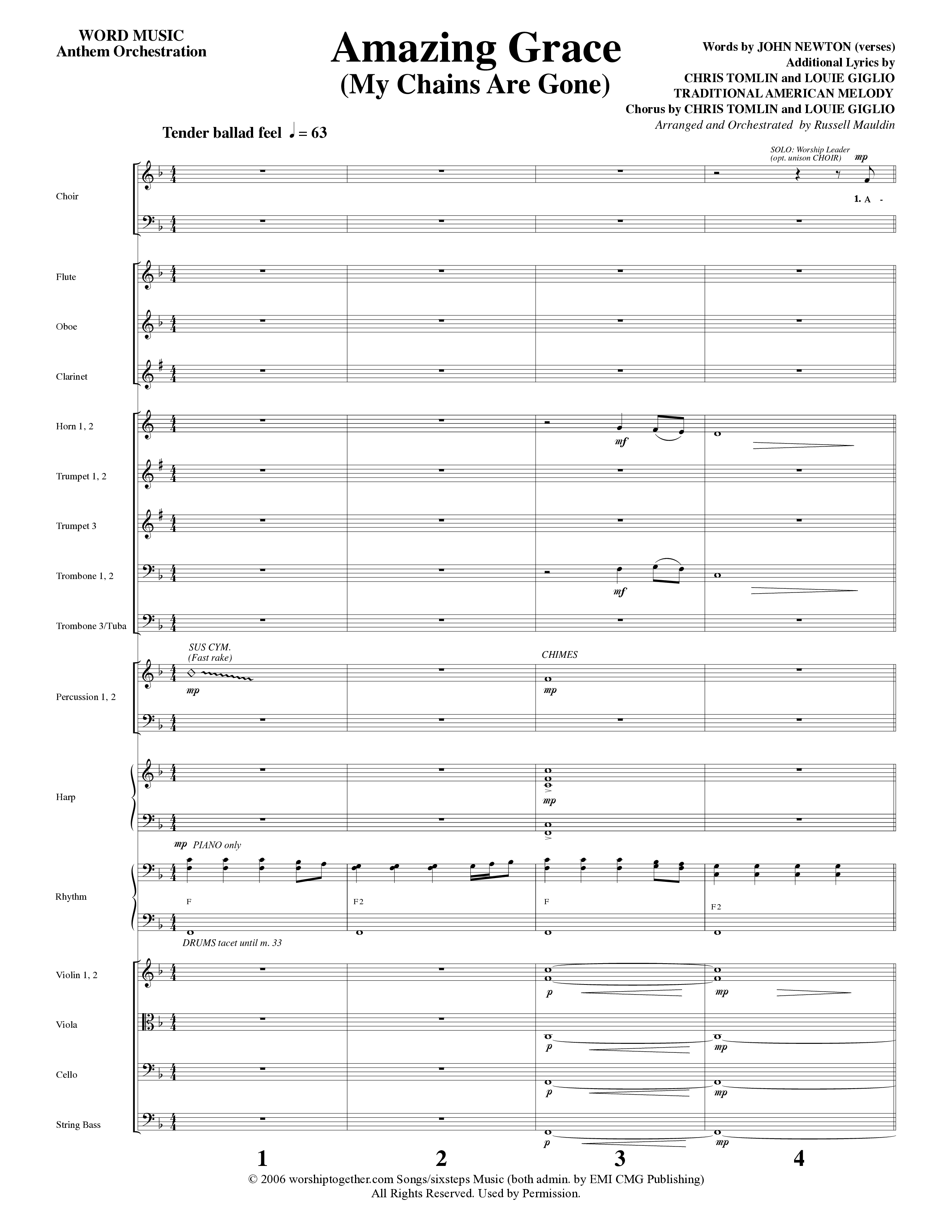 Amazing Grace (My Chains Are Gone) (Choral Anthem SATB) Orchestration (Word Music Choral / Arr. Russell Mauldin)