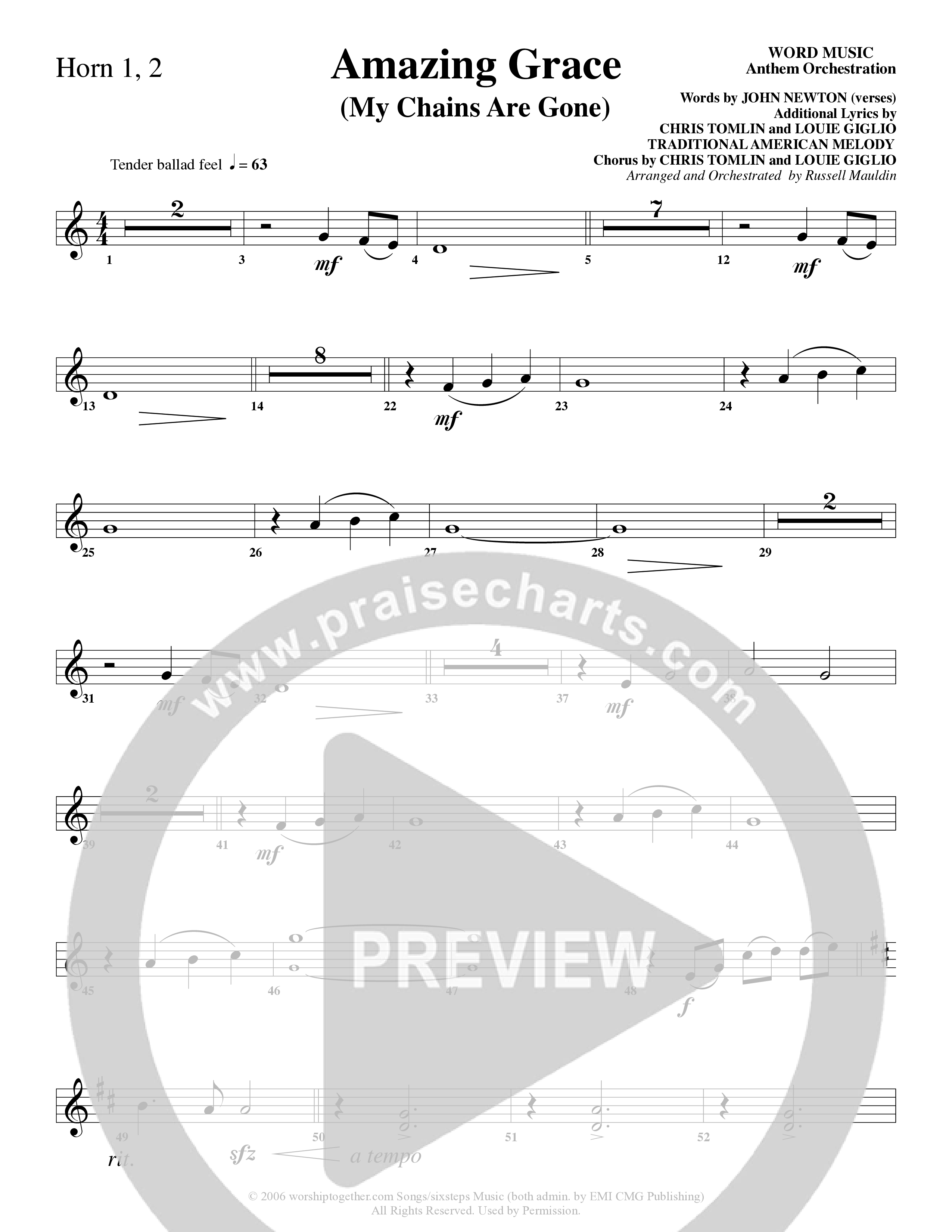 Amazing Grace (My Chains Are Gone) (Choral Anthem SATB) French Horn 1/2 (Word Music Choral / Arr. Russell Mauldin)