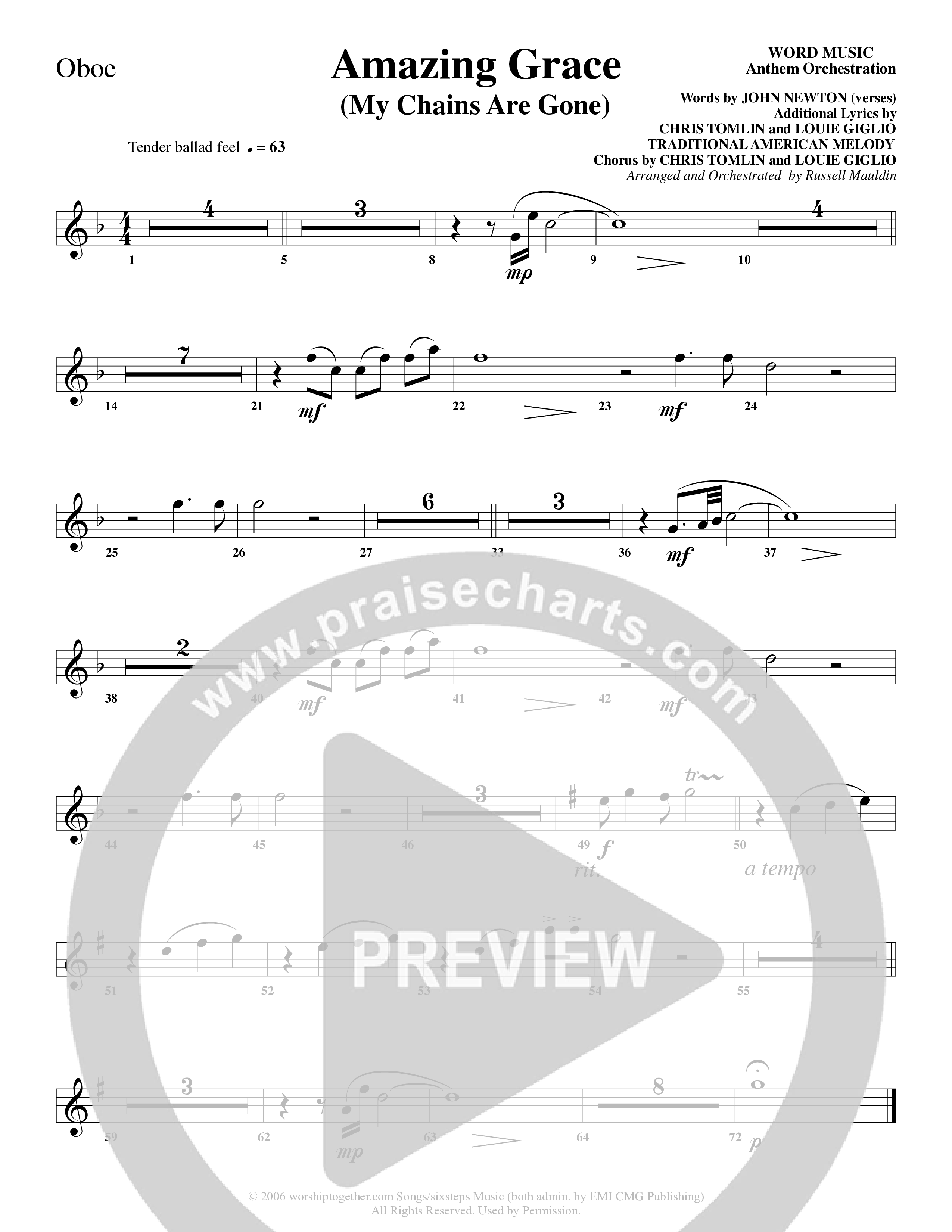 Amazing Grace (My Chains Are Gone) (Choral Anthem SATB) Oboe (Word Music Choral / Arr. Russell Mauldin)