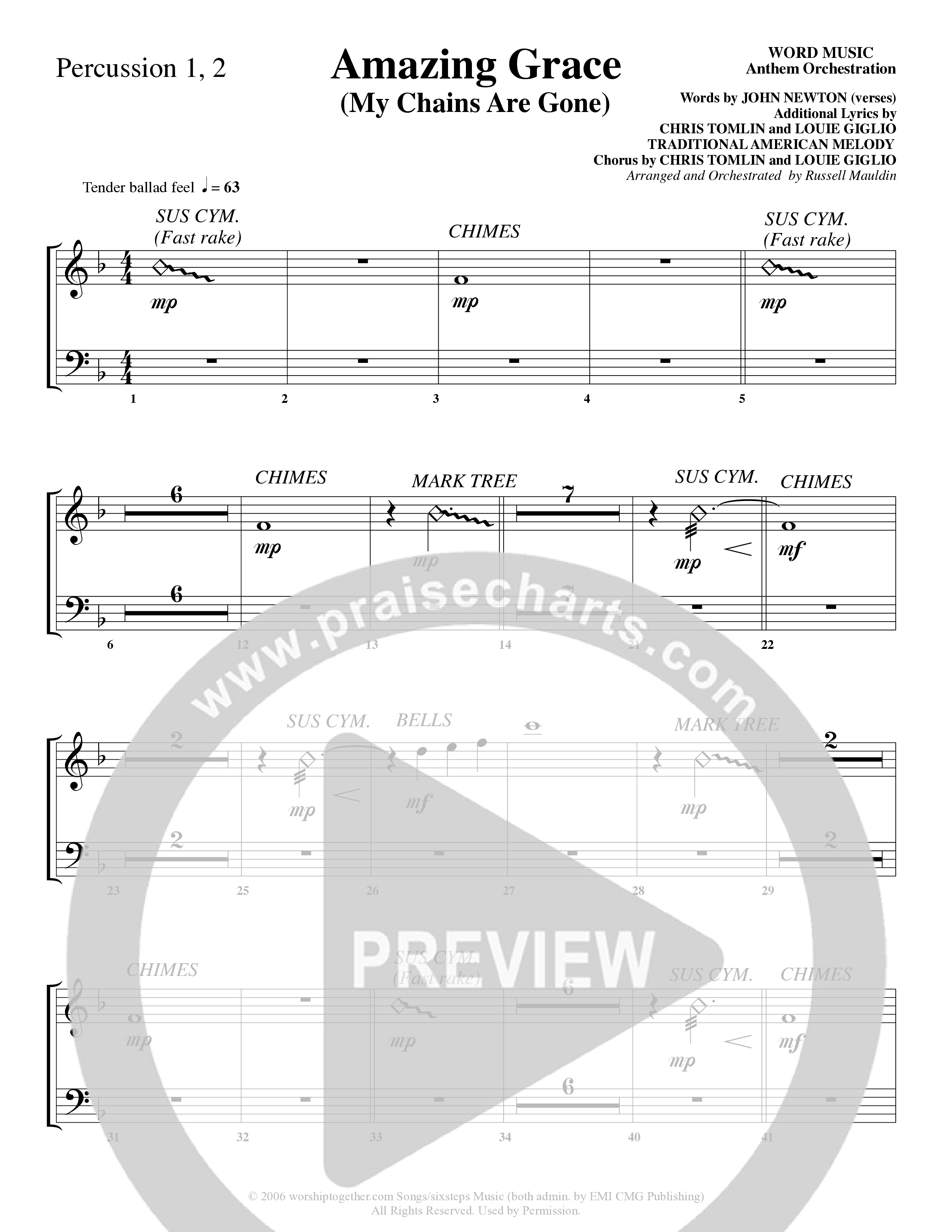 Amazing Grace (My Chains Are Gone) (Choral Anthem SATB) Percussion 1/2 (Word Music Choral / Arr. Russell Mauldin)