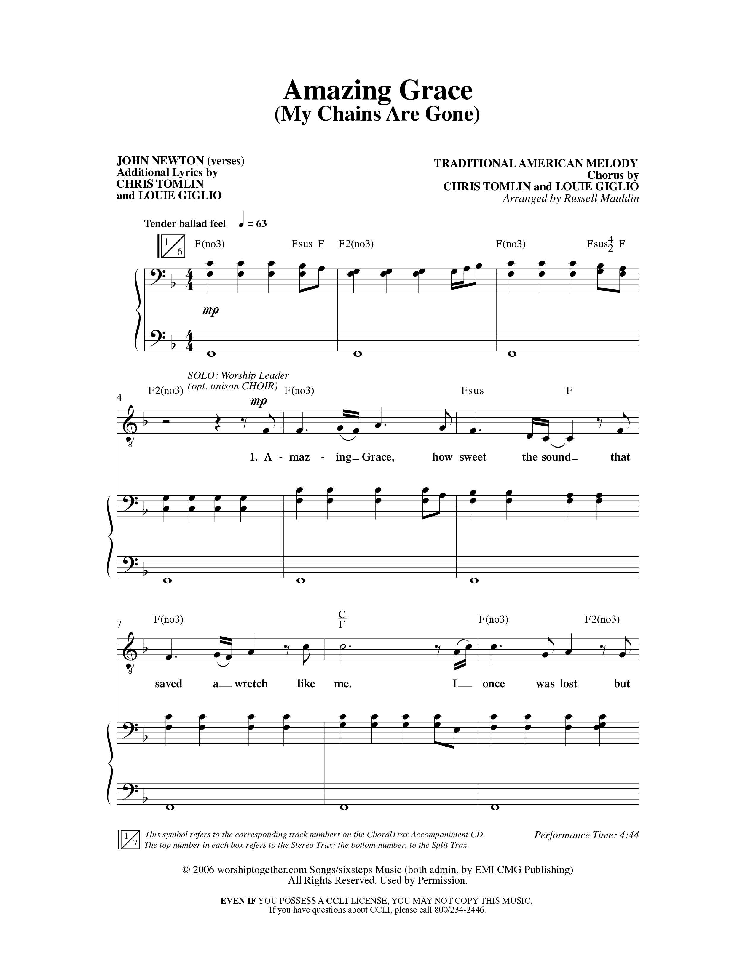 Amazing Grace (My Chains Are Gone) (Choral Anthem SATB) Anthem (SATB/Piano) (Word Music Choral / Arr. Russell Mauldin)