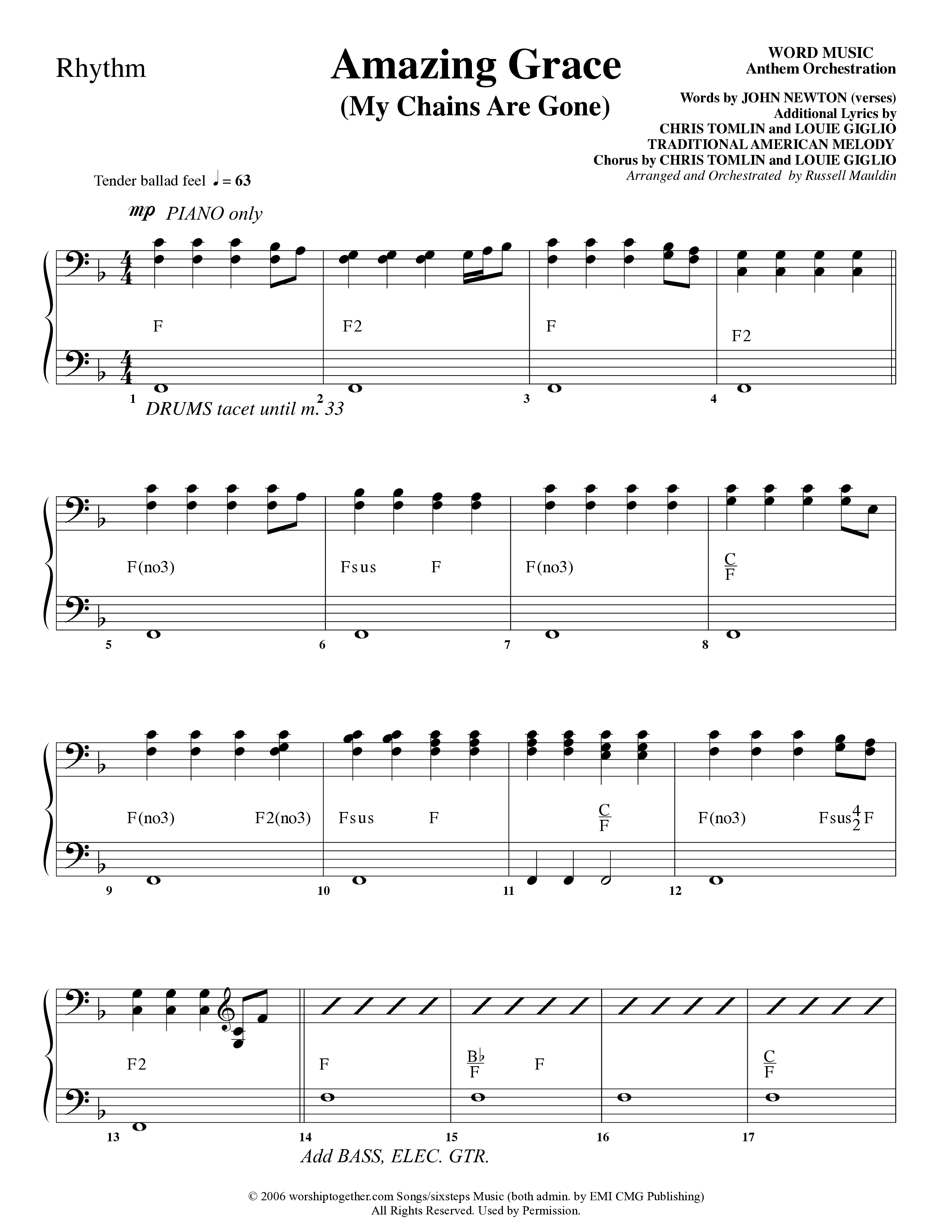 Amazing Grace (My Chains Are Gone) (Choral Anthem SATB) Rhythm Chart (Word Music Choral / Arr. Russell Mauldin)