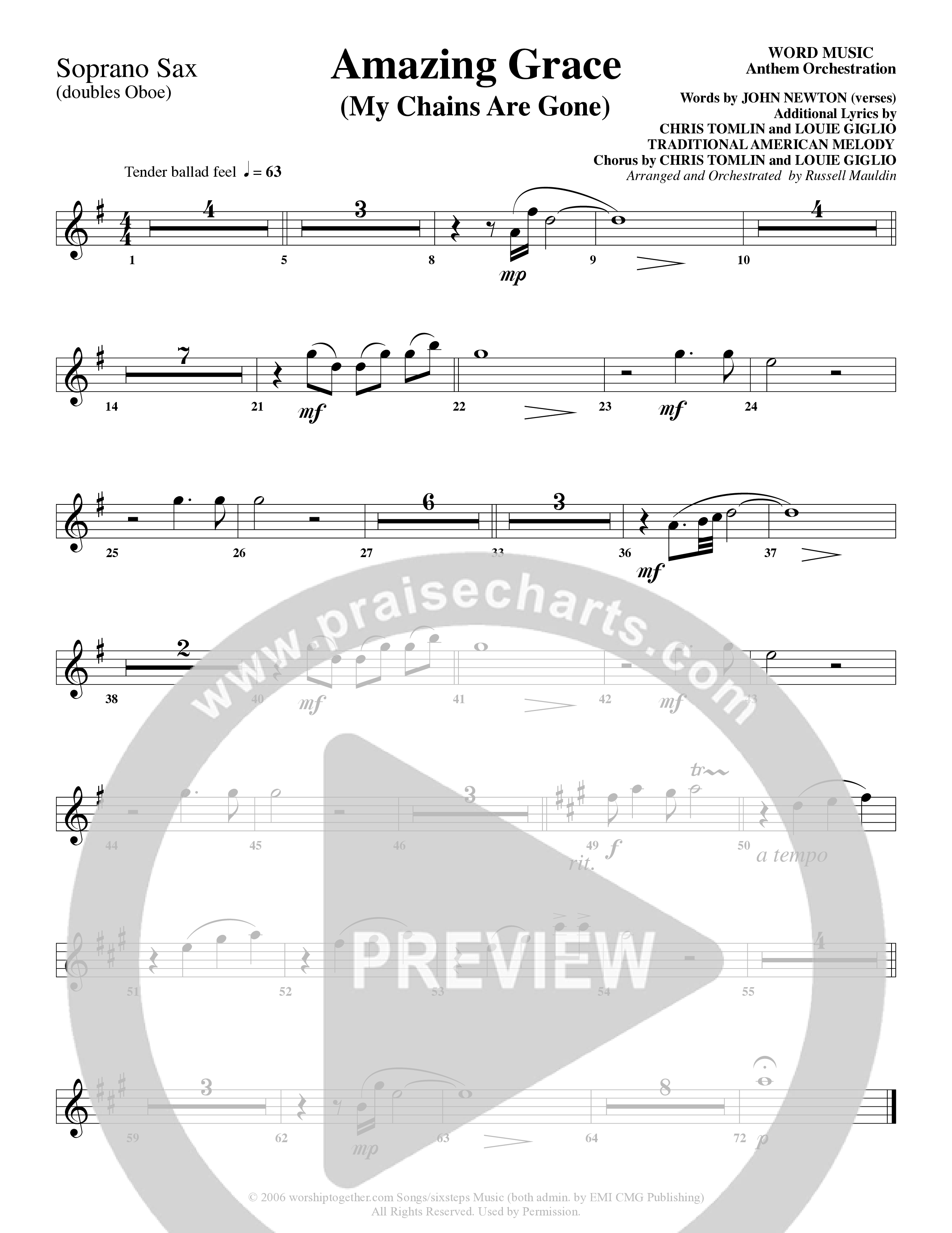 Amazing Grace (My Chains Are Gone) (Choral Anthem SATB) Soprano Sax (Word Music Choral / Arr. Russell Mauldin)