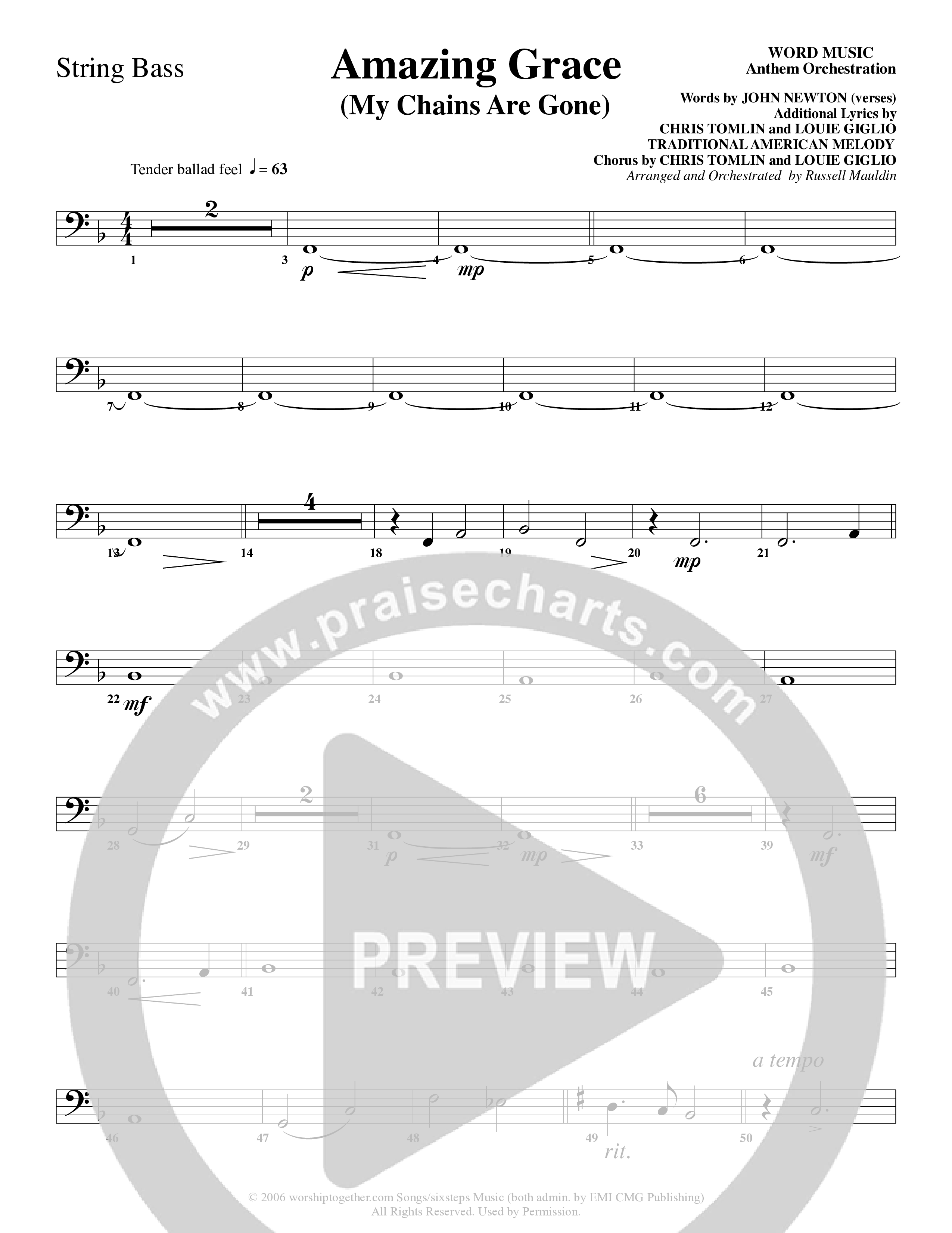 Amazing Grace (My Chains Are Gone) (Choral Anthem SATB) String Bass (Word Music Choral / Arr. Russell Mauldin)